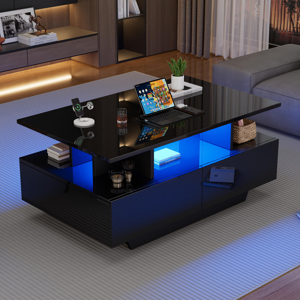 COUCHTISCH mit 2 Schubladen 90x55x41 cm Hochglanz Schwarz mit LED - Schwarz, Holzwerkstoff (90/55/41cm) - Meubliv