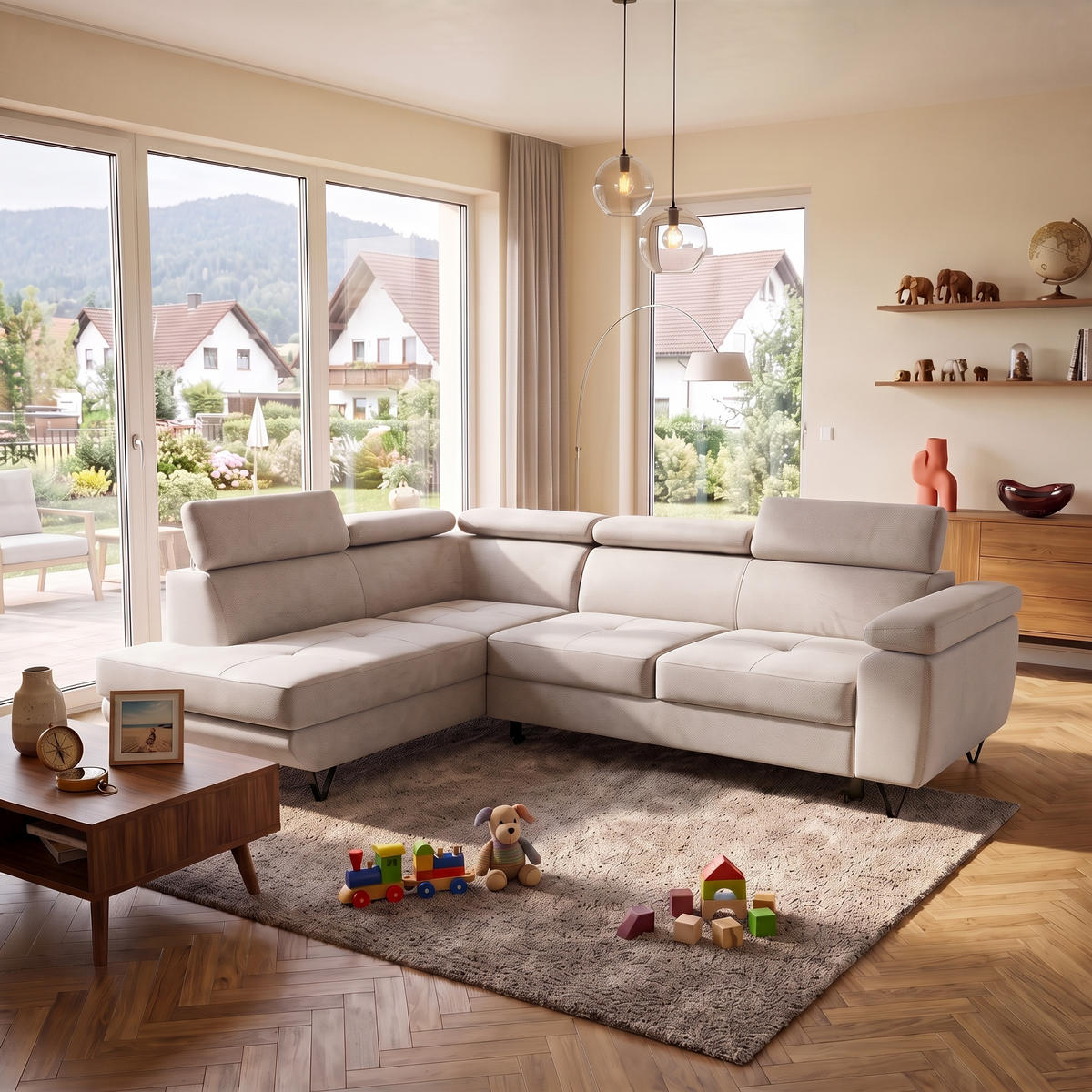 ECKSOFA JUNIOR L Links mit Schlaffunktion 194x128 Velours Creme - Creme/Schwarz, Holz/Textil (249/184cm) - Muffo