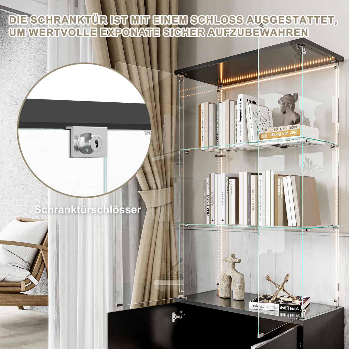 GLASVITRINE 164x78,5x35 cm 4 Türen 6 Einlegeböden LED schwarz - Schwarz, Holz (78.5/164/35cm) - LEBENLANG