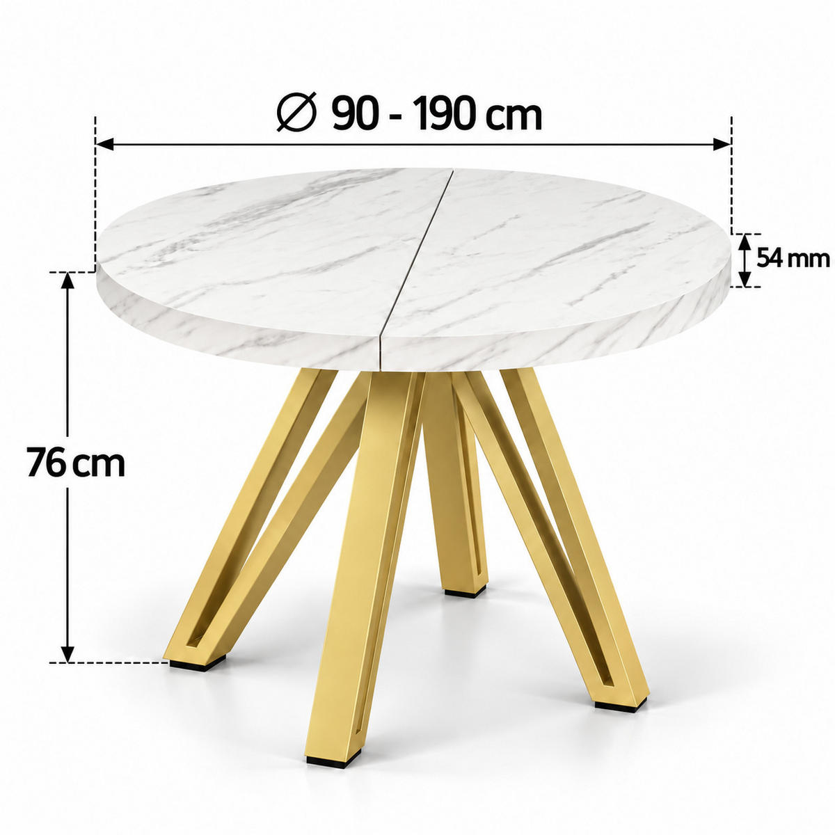 ESSTISCH rund ausziehbar 90/190/76 cm, Marmor, 54 cm Tischplatte + Industrial Metallgestell Gold - Goldfarben/Hellgrau, Holzwerkstoff/Metall (90/190/76cm) - Damale Möbel