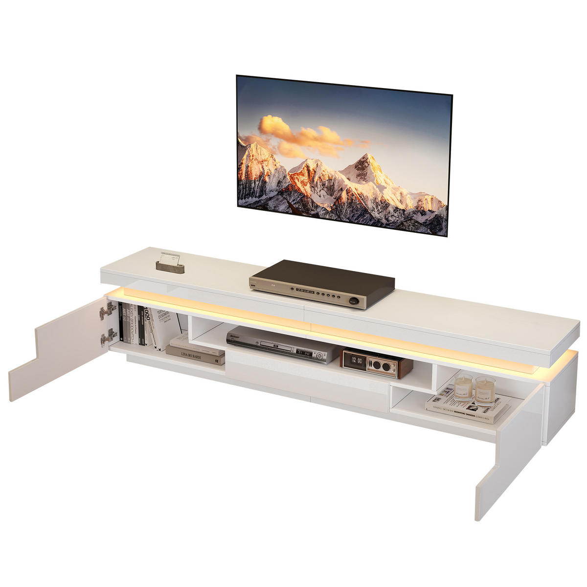TV-SCHRANK 175/38/45 cm weiß Spanplatte mit 2 L-förmigen Schränken und 1 Schublade mit LED-Beleuchtung - Weiß, Holzwerkstoff (175/45/38cm) - OKWISH