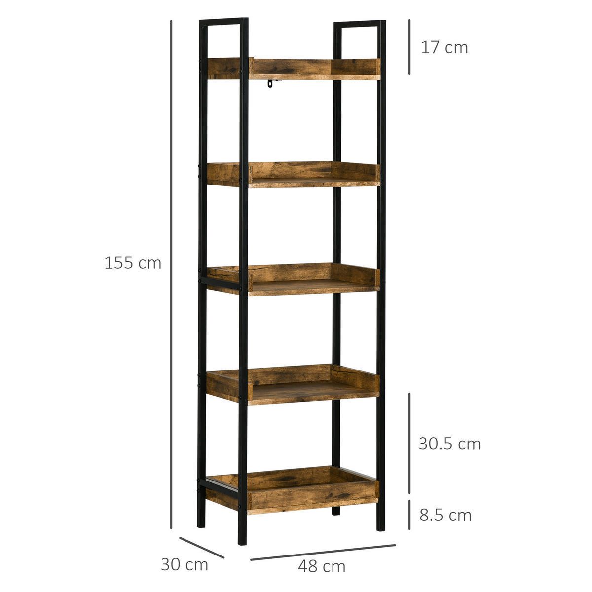 BÜCHERREGAL,INDUSTRIE 5 Ebenen Holz-Metall 48x30x155cm,rustikales braun - Braun, Holzwerkstoff (48/155/30cm) - Vallsero