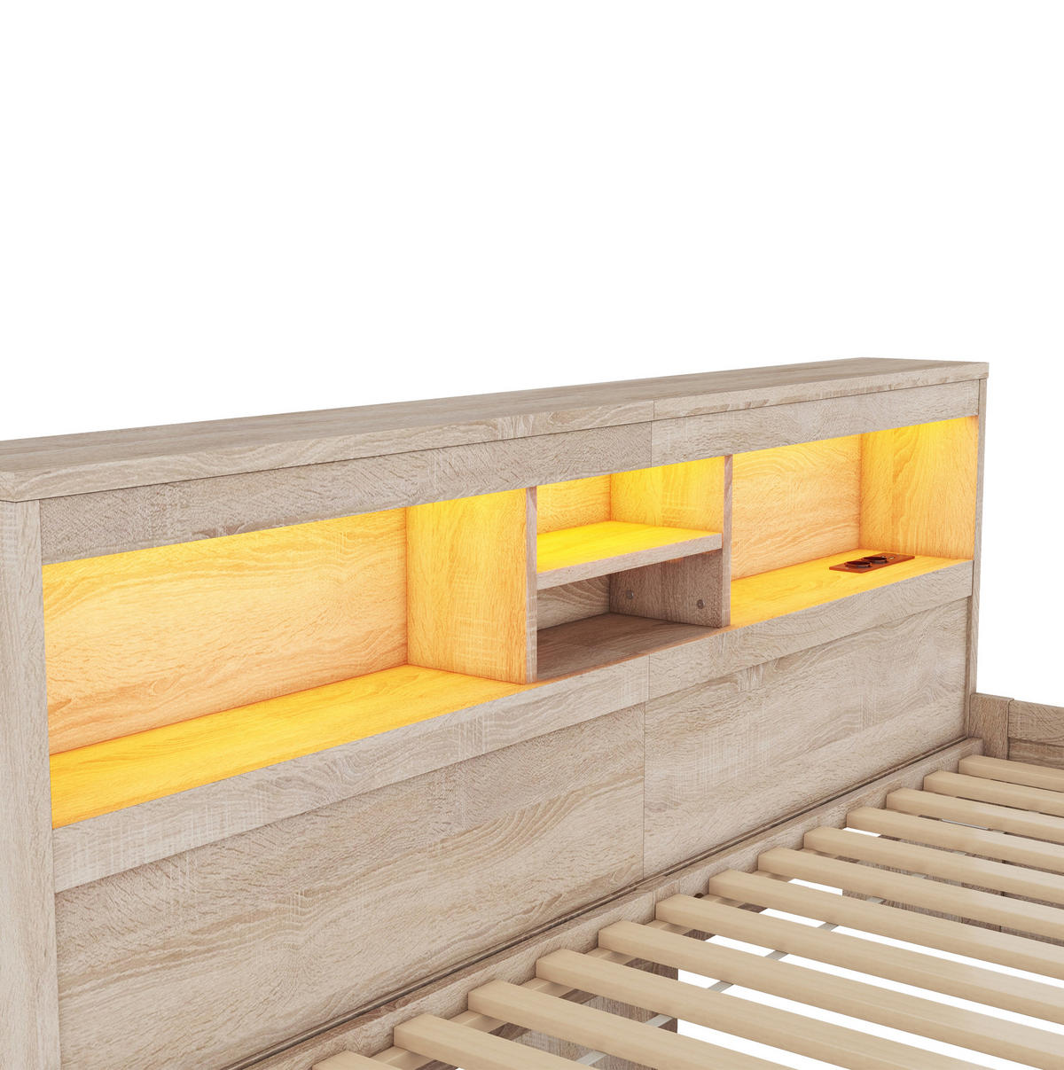 TAGESBETT 90/200 cm Natur aus Spanplatte und MDF mit LED-Ambientebeleuchtung und USB-Ladefunktion - Naturfarben, Holzwerkstoff (90/200cm) - OKMYHOME