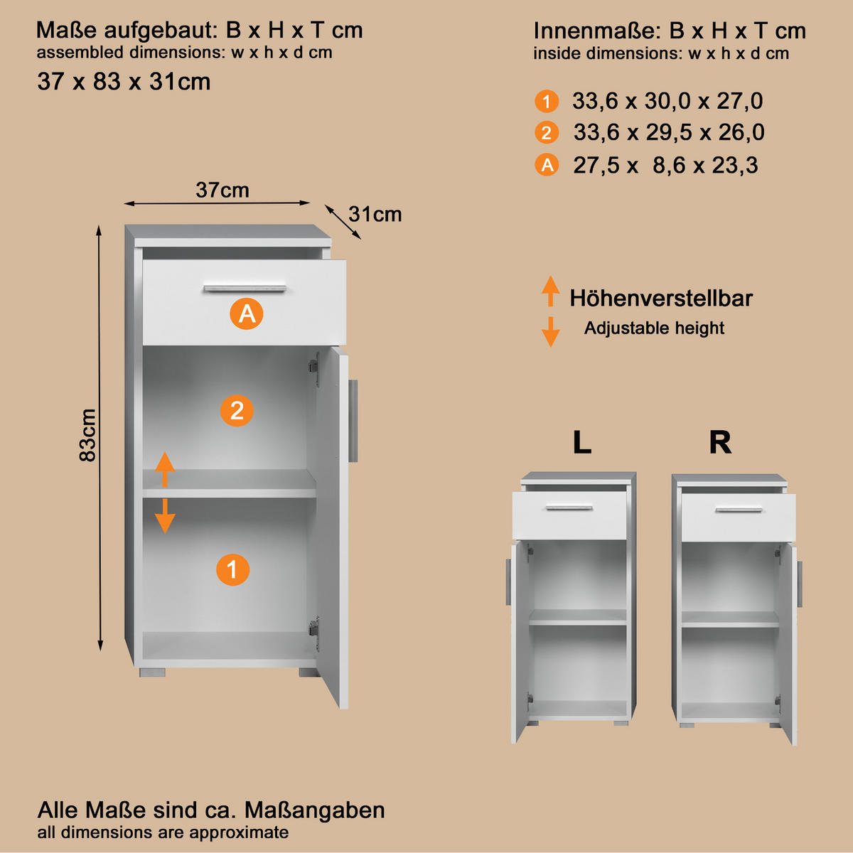 KOMMODE weiß Hochglanz 37 x 83 cm, Badschrank in modernem Design - Weiß Hochglanz/Silberfarben, Holzwerkstoff/Kunststoff (37/83/31cm) - Top.Furn