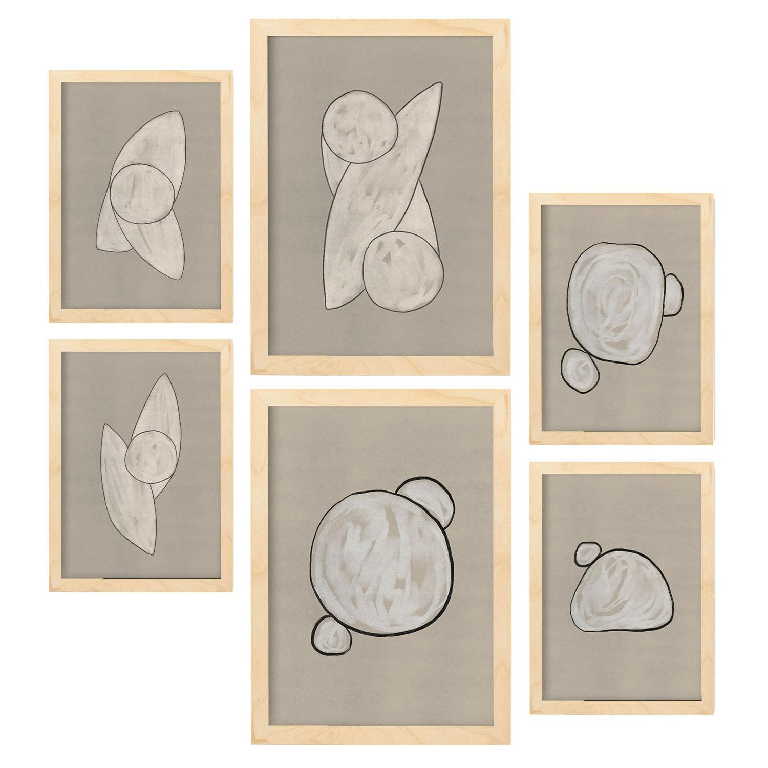POSTER Set Mit 6 Kosmische Kontur In Form Abstracts Ästhetische Dekorative Gemälde Für Ihr Wohnzimmer Zuhause A3 & A4 Rahmen Aus Hellem Holz - Beige, Papier (29/3cm) - Nacnic