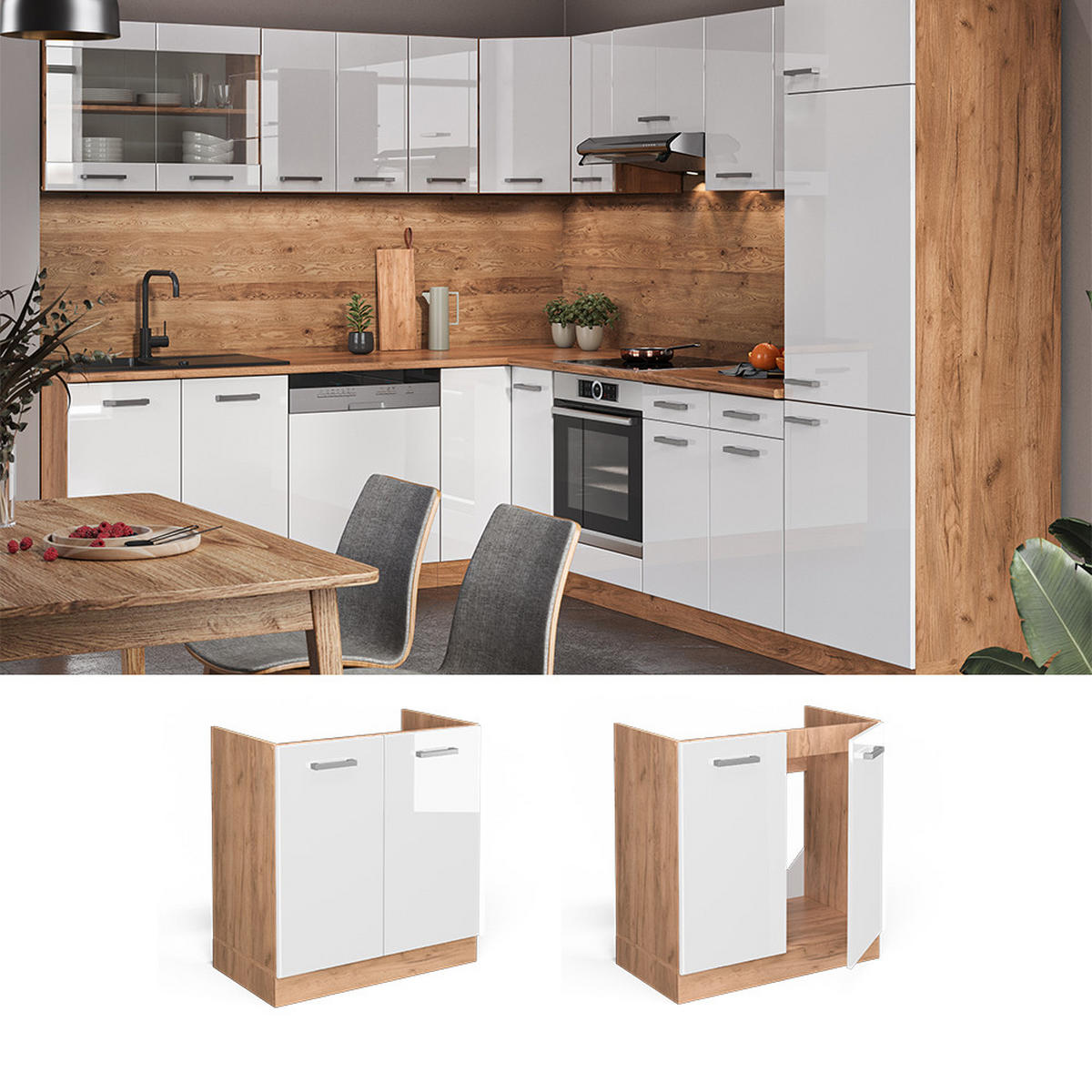 SPÜLENUNTERSCHRANK R-Line Weiß Hochglanz 80 cm ohne AP - Honigeiche/Weiß Hochglanz, Holzwerkstoff (80/81.6/46cm) - Vicco