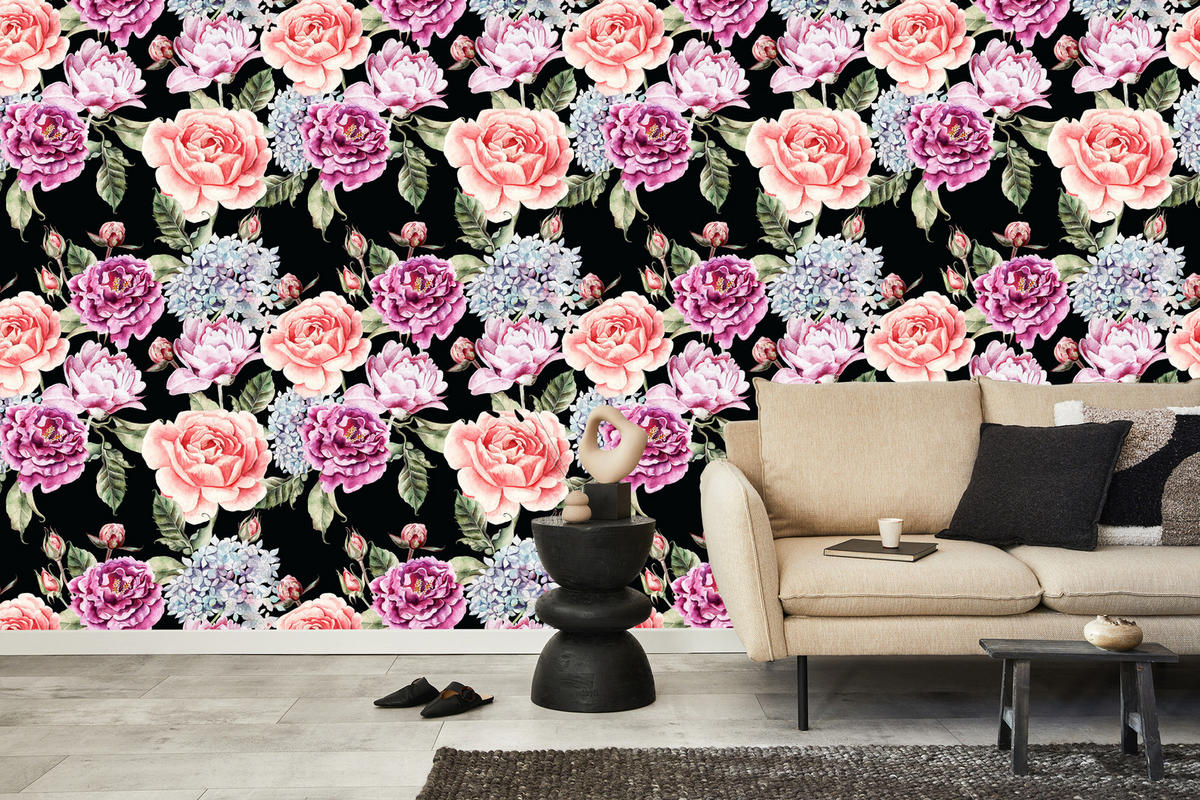 VLIESTAPETE Rosen und Pfingstrosen – Rosa, Grün, Schwarz – 50x1000 cm - Schwarz/Rosa, Papier (50/1000cm) - Muralo
