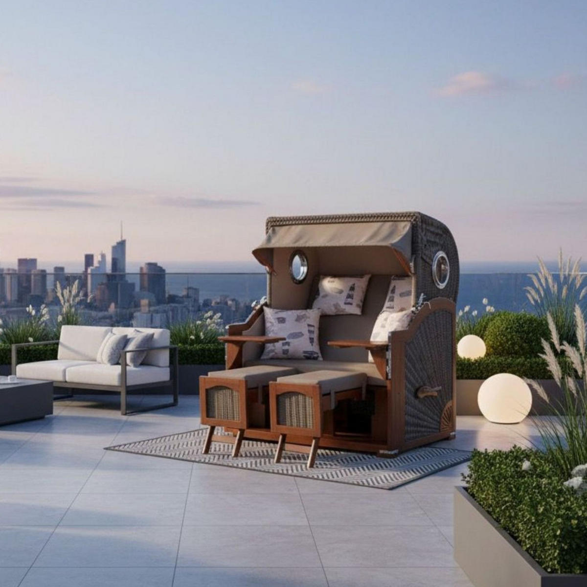 STRANDKORB Komplettset: Ammersee Grande XL Mahagoni Bullauge - PE grau - Modell 540 - Blau/Beige, Holz/Kunststoff (142/165/95cm) - bene living