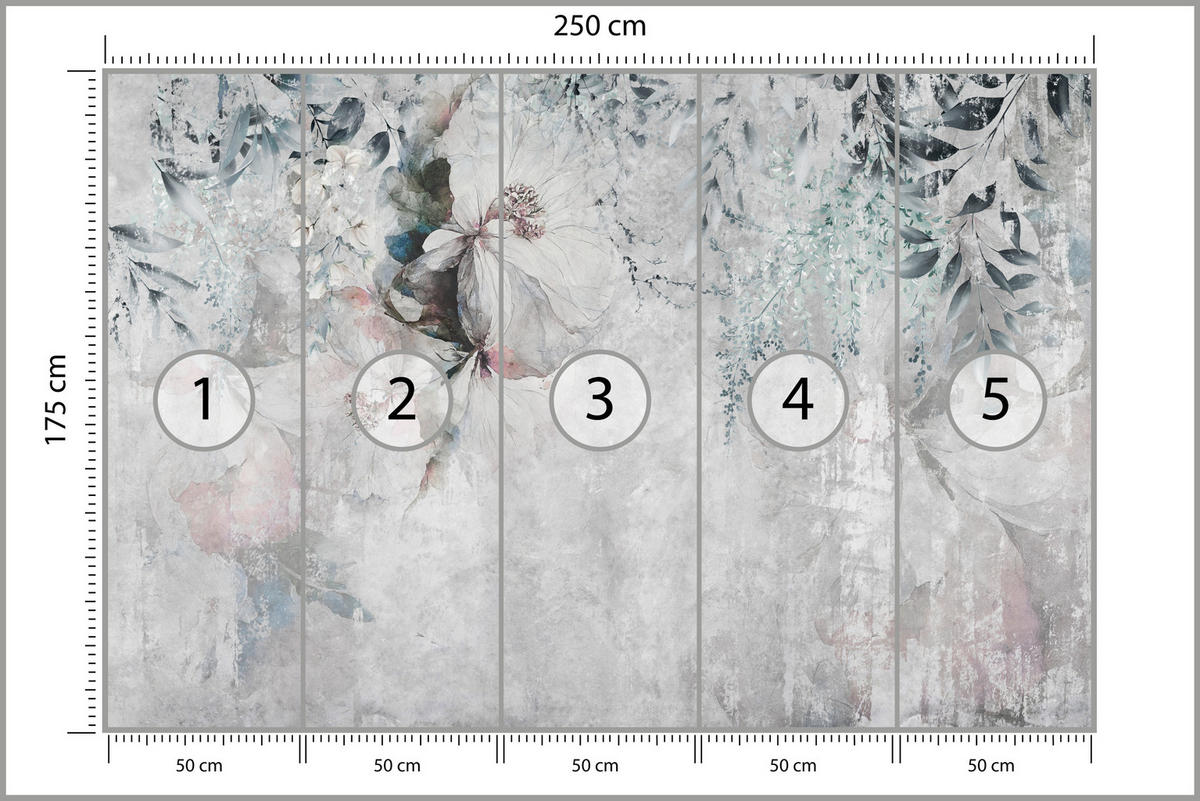 FOTOTAPETE für Schlafzimmer Zarte Blätter Beton Blumen Natur 250x175 - Schwarz/Rosa, Papier (250/175cm) - Muralo