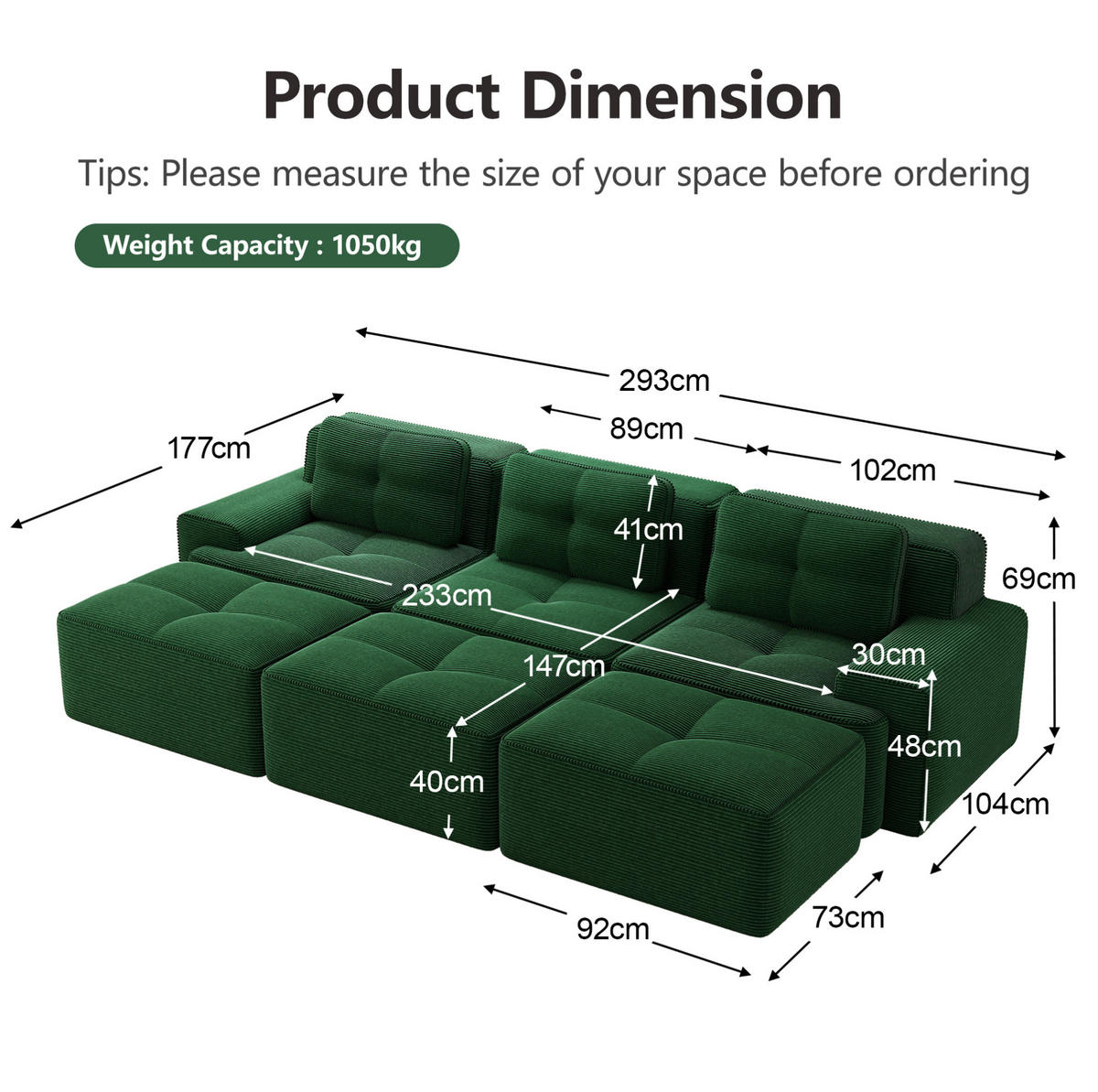 SOFA modular mit Schlaffunktion 74 cm Tiefsitz Cord Green - Grün, Kunststoff (177/69/293cm) - Meubliv