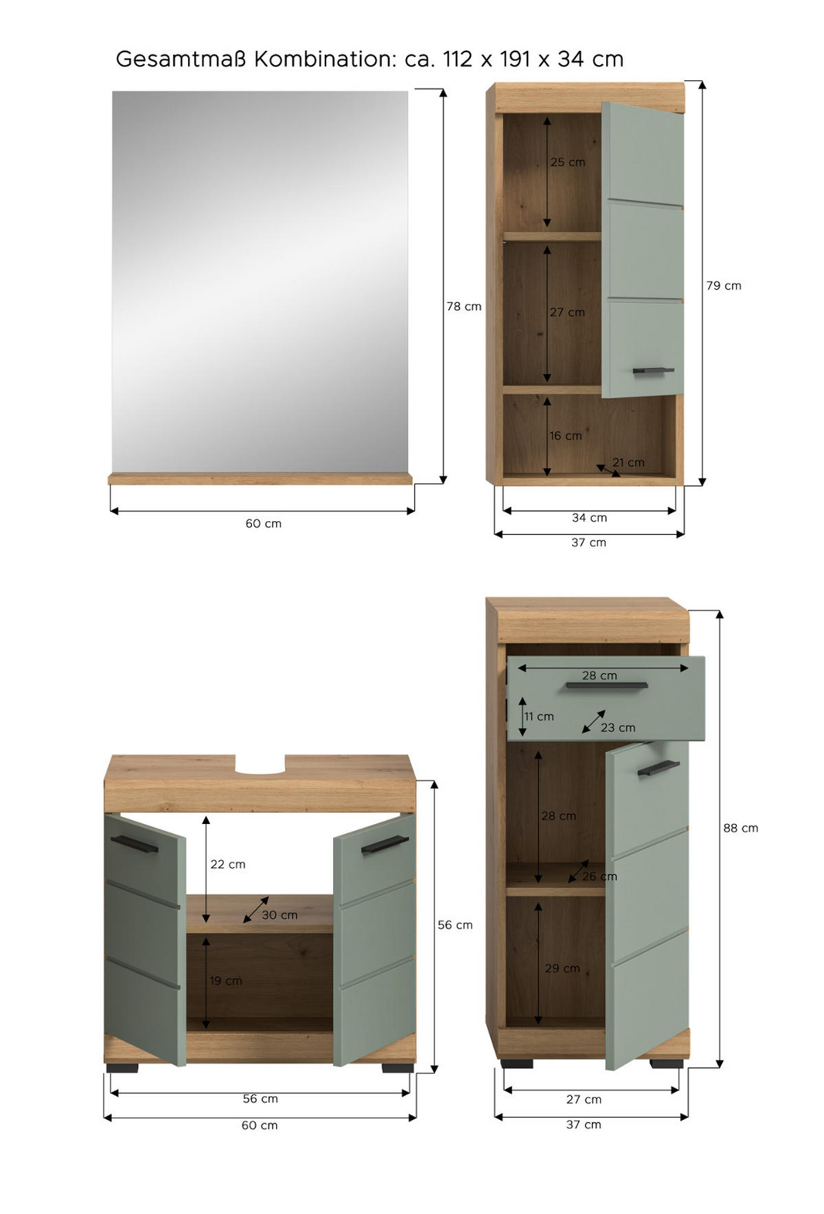 BADMÖBEL-SET Salbei grün, Eiche Artisan 4-teilig 112 cm, Komplettset mit viel Stauraum - Salbeigrün/Schwarz, Glas/Holzwerkstoff (112/191/34cm) - Inn.Furn