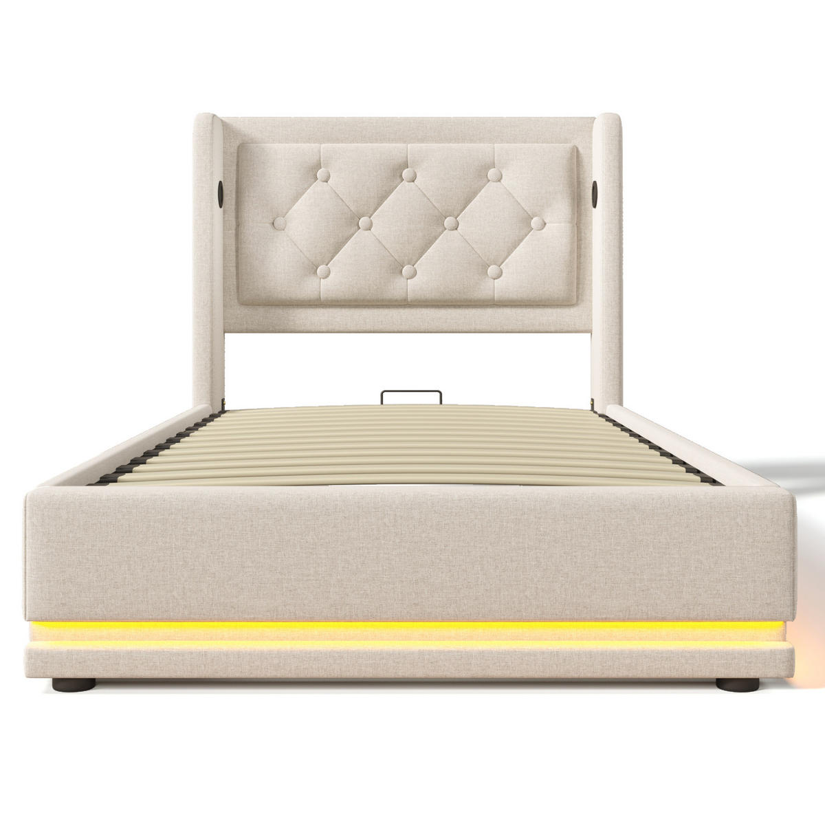 POLSTERBETT 90/200 cm mit Bettkasten, LED und USB-C in Beige - Beige, Textil (90/200cm) - BEAOK