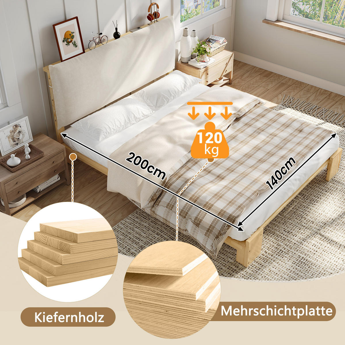POLSTERBETT 140/200 cm Natur mit gepolsterter Rückenlehne und Lattenrost - Naturfarben, Textil (140/200cm) - Flora Grace