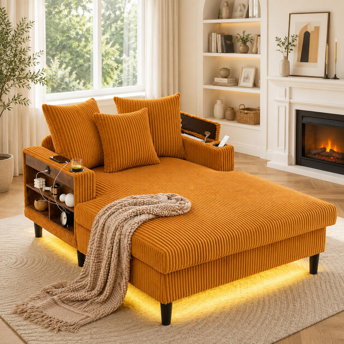 SCHLAFSOFA DE-33807 LED-Beleuchtung und USB Senfgelb - Gelb, Metall (129/70/170cm) - ComfortXL