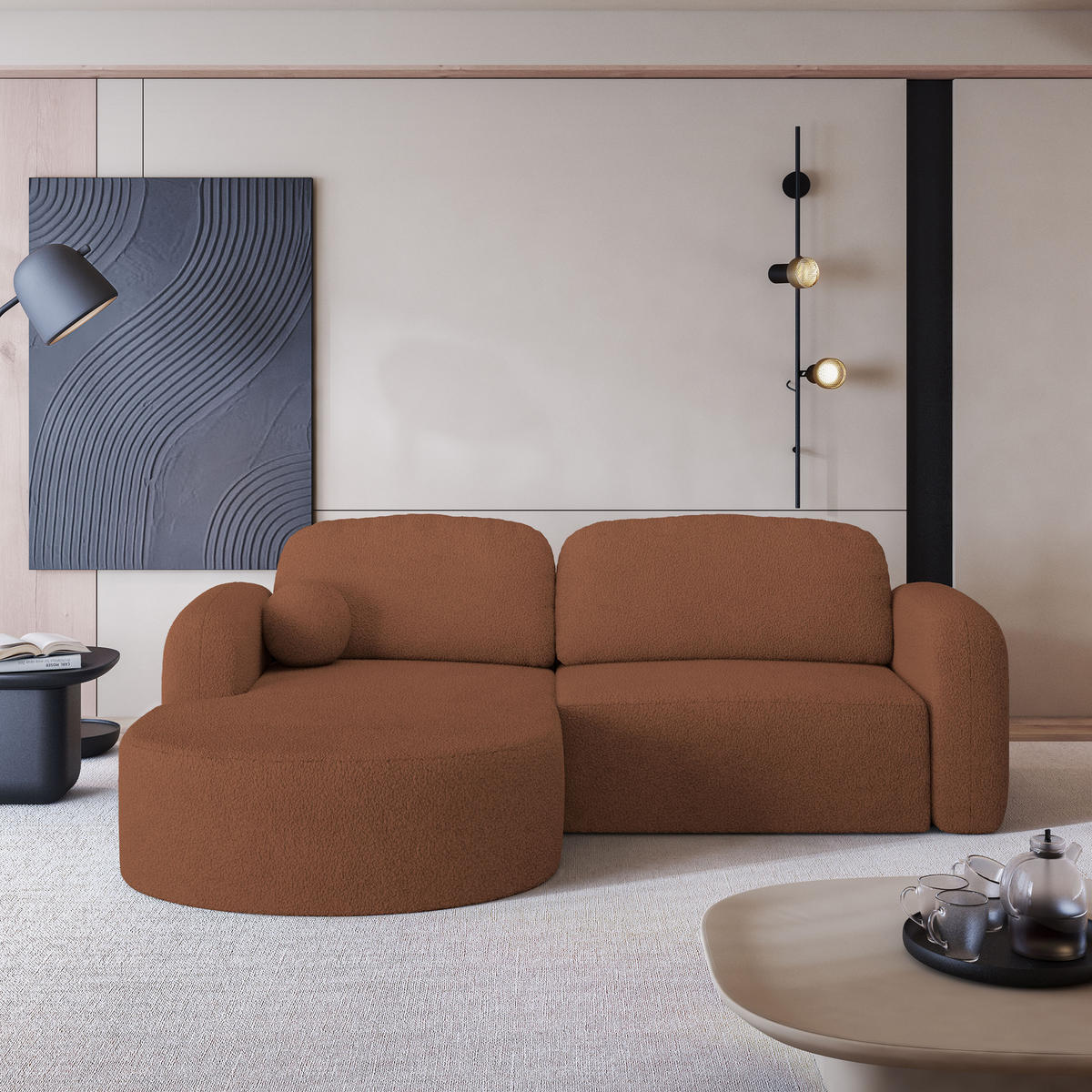 ECKSOFA AMILIA L-S Kupferfarben Boucle-Stoff mit Schlaffunktion - Kupferfarben, Holz (263/174cm) - MASSENO