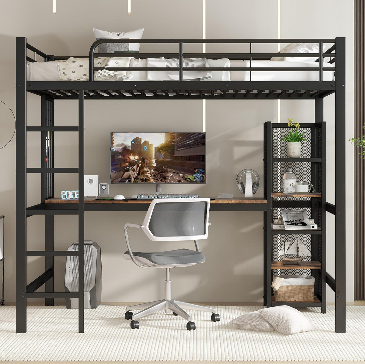 HOCHBETT aus Metall und MDF 90x200 cm Schwarz-Dunkle Holzfarbe mit Schreibtisch, 5-stufigem Regalschrank und Metallgitter - Schwarz, Holzwerkstoff (90/200cm) - Modfu