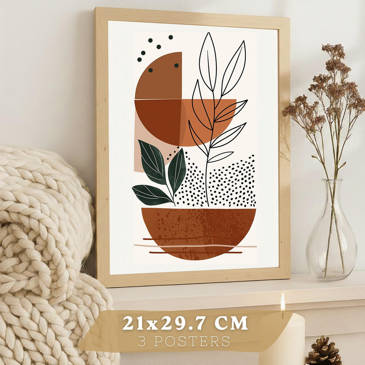 PLAKAT Sada 3 Tvary a rostliny A4 Lehký dřevěný rám - béžová, papír (29.7/1/21cm) - Nacnic