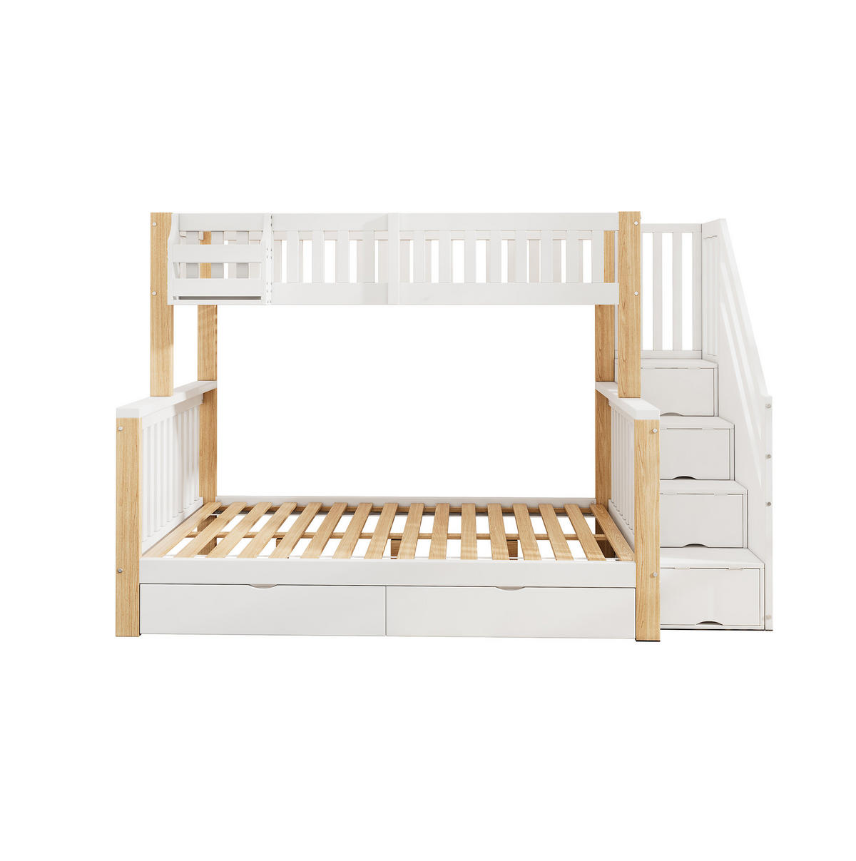 ETAGENBETT 140/200 cm Weiß-Natur mit Treppenschrank Stauraum und Schublade aus Massivholz - Weiß, Holzwerkstoff (90/200cm) - OKWISH