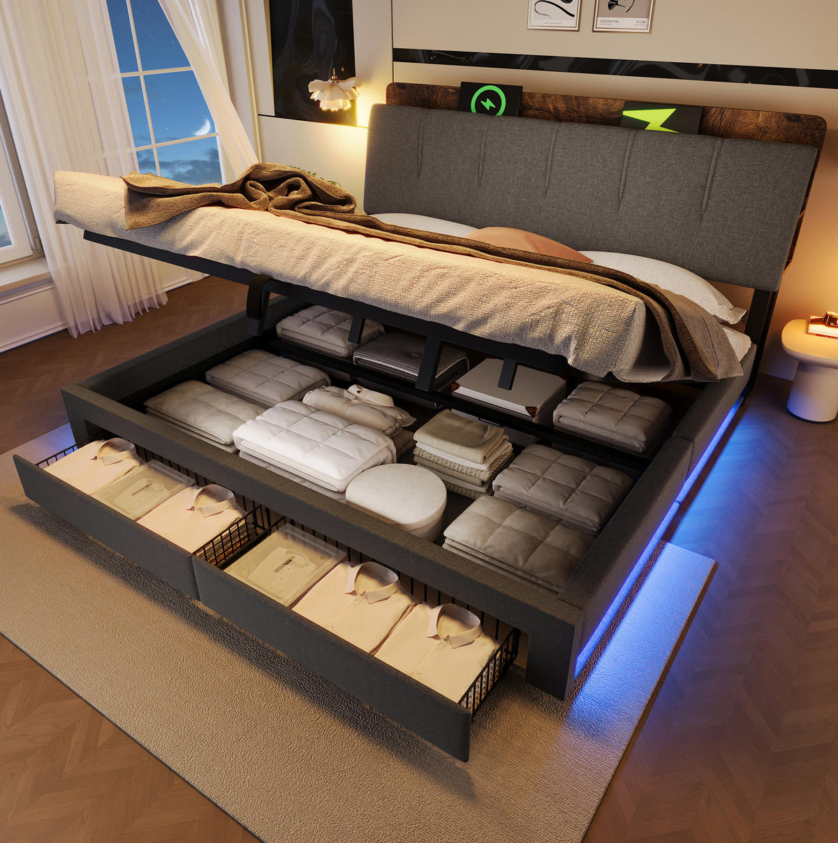 POLSTERBETT mit Stauraum 180x200 cm Leinen Grau mit USB und LED - Grau, Metall (180/200cm) - Meubliv