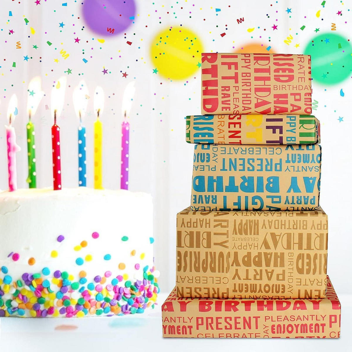 GESCHENKPAPIER Set Geburtstag 5 Blatt mit Band und Aufklebern - Multicolor, Papier (22/1/33cm)