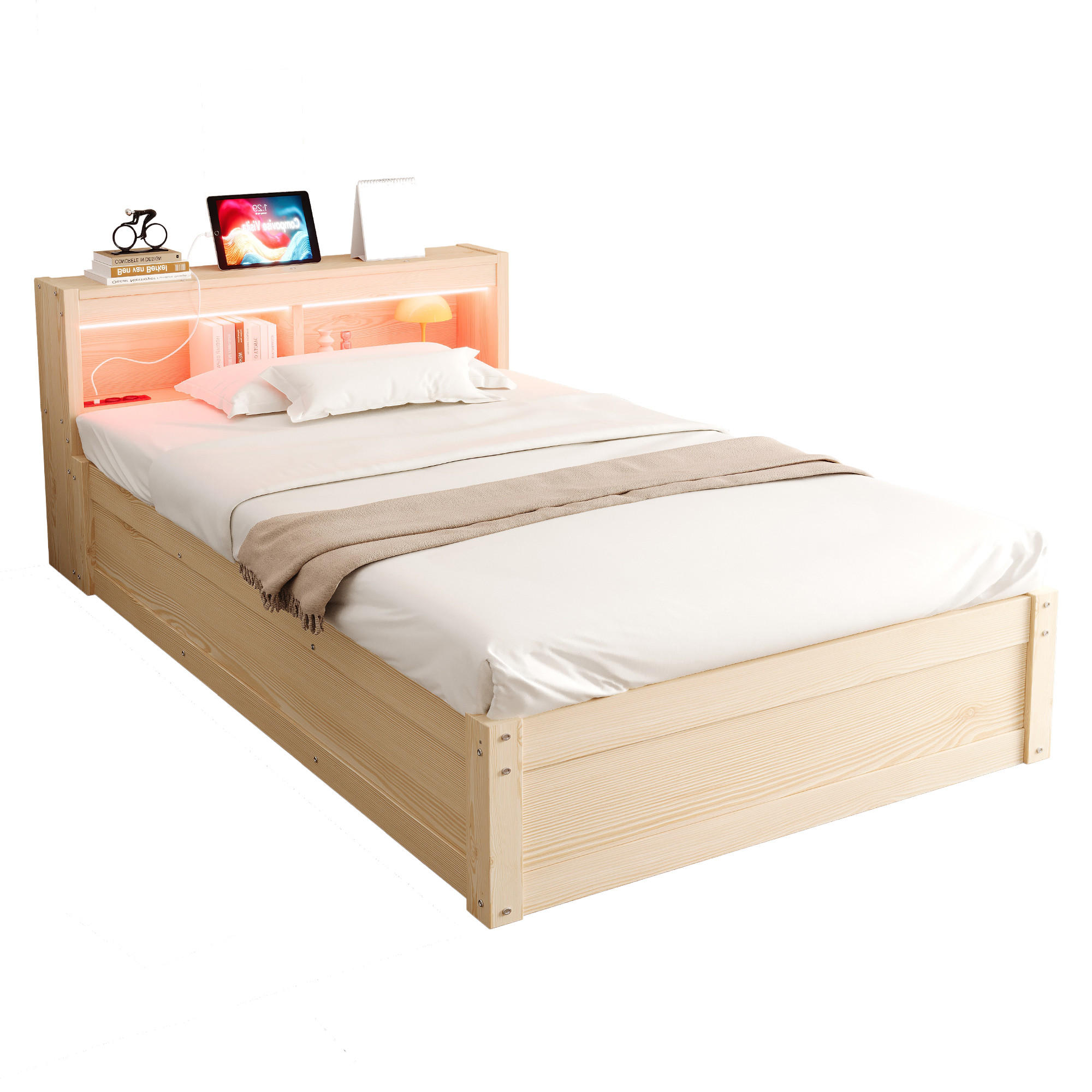 SCHLAFSOFA 90x200cm LED Stauraum Steckdose Massivholz - Naturfarben, Holzwerkstoff (90/200cm) - FLIEKS