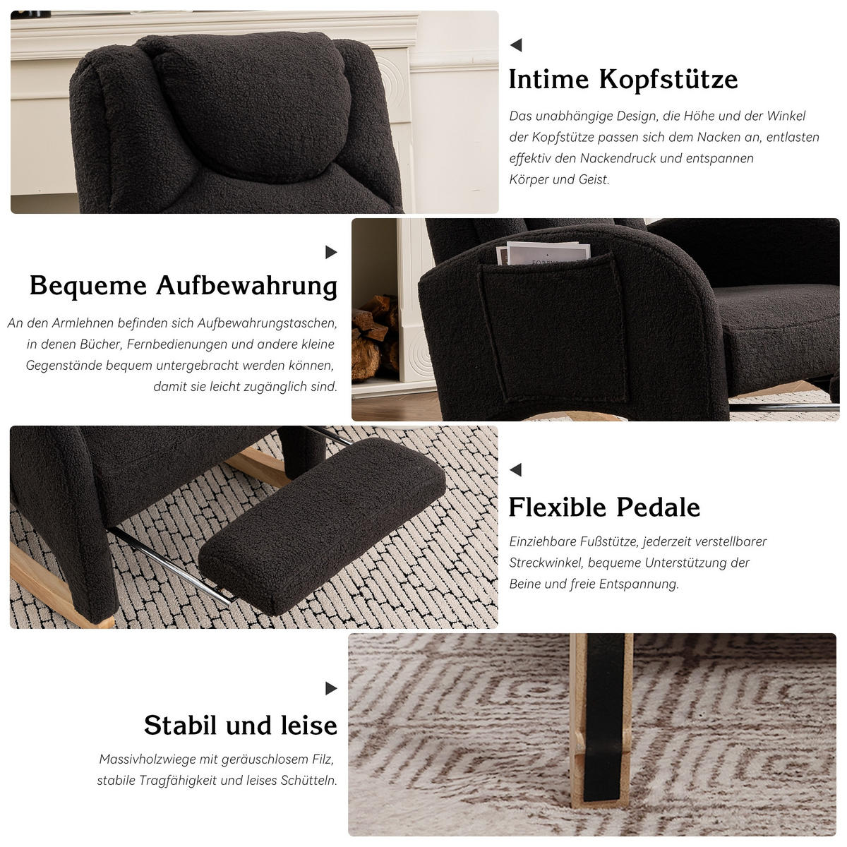 SCHAUKELSTUHL Dunkelgrau Teddy mit Klappbare Pedale - Dunkelgrau, Textil (125/101/66cm) - Oxeza