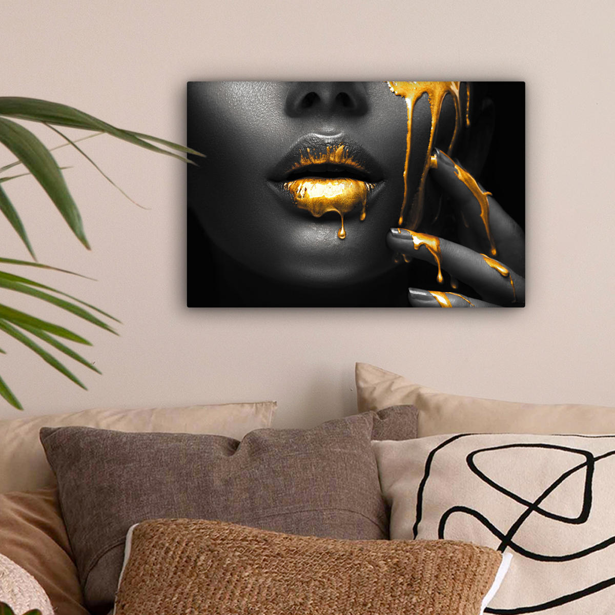 LEINWANDBILD Frau - Schwarz - Gold - Gesicht - Lippen 30x20 cm - Goldfarben, Textil (30/20cm) - MuchoWow