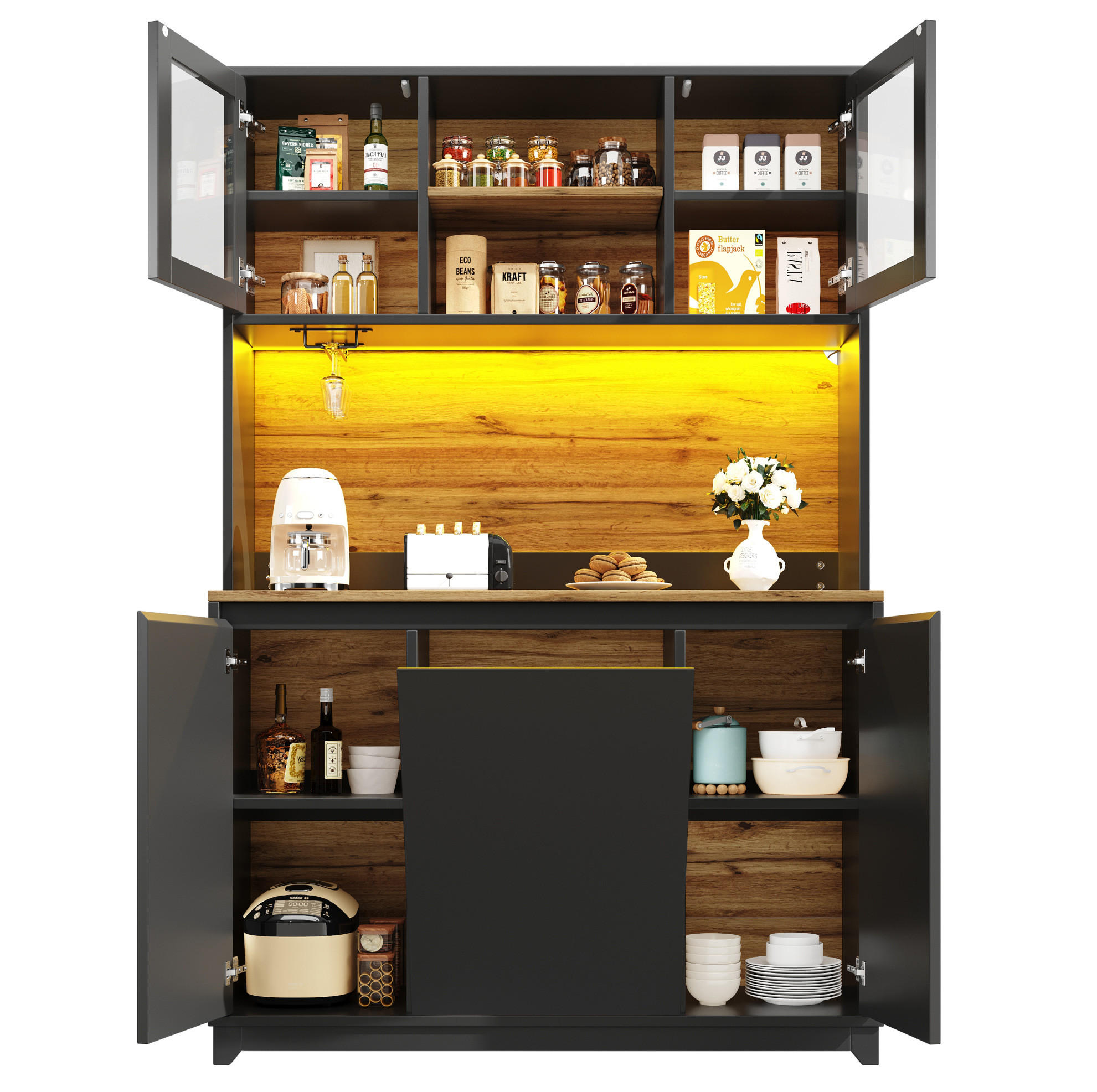 BUFFET 120/40/180 cm in Schwarz mit LED-Beleuchtung und Acryltüren - Schwarz, Holzwerkstoff (120/180/40cm) - Flora Grace