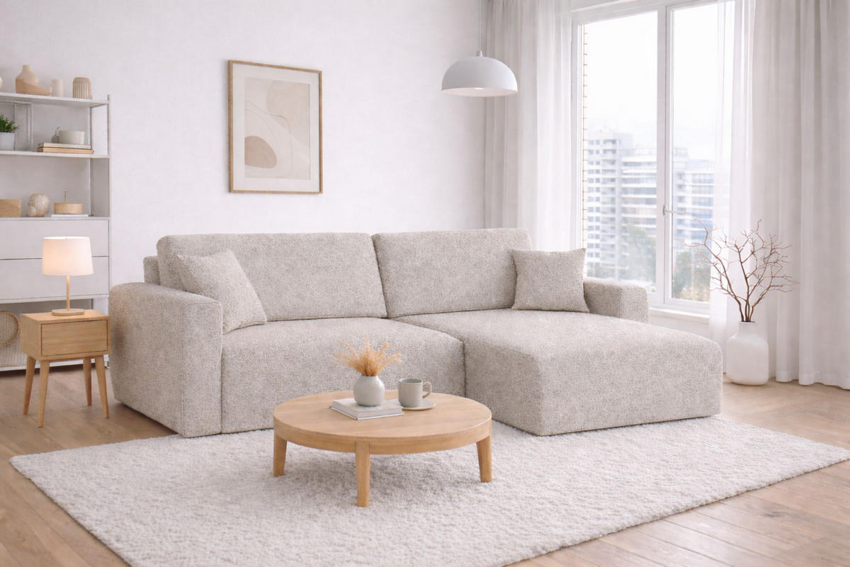ECKSOFA Mit Schlaffunktion, Ariel XL, Cordstoff, Stoff Poso, Beige, Rechts - Beige, Holz (280/142cm) - Kaiser Möbel