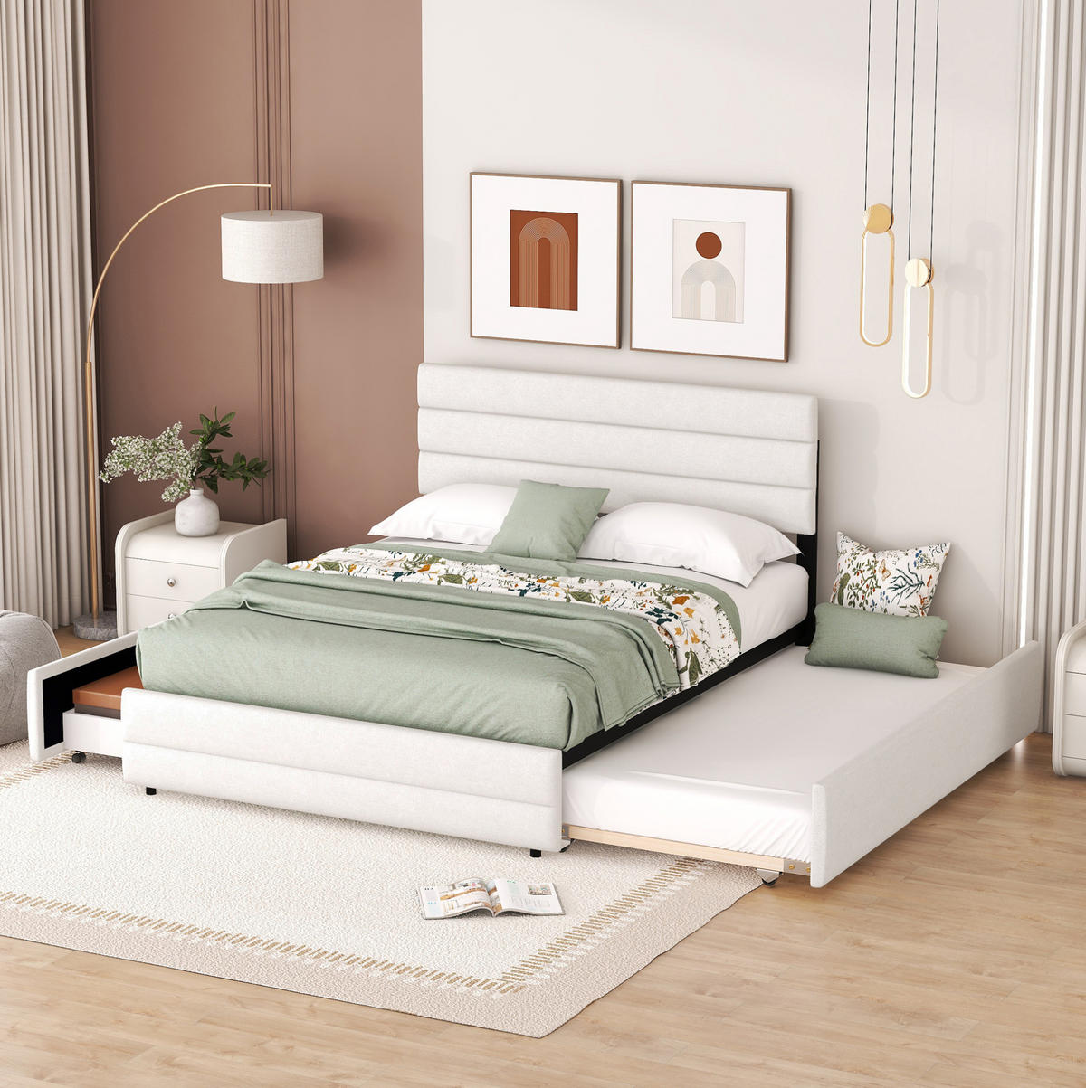 BETT mit Ausziehbett und 2 Schubladen 140x200 cm Beige - Beige, Holz (140/200cm) - Meubliv