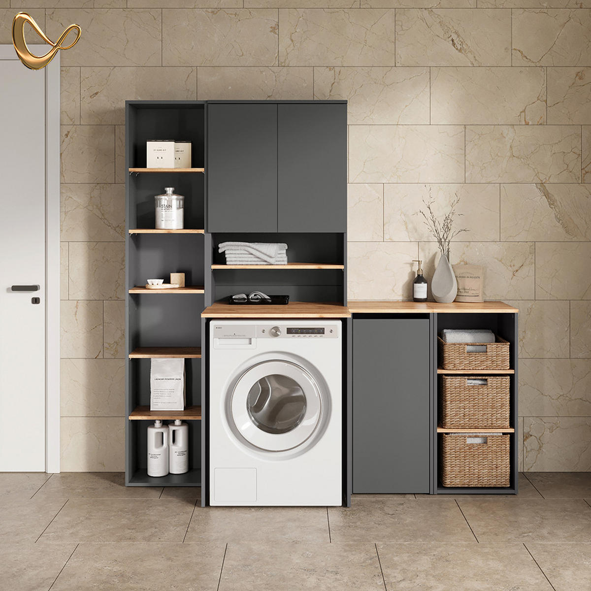 BADSCHRANK Paolina Anthrazit/Goldkraft Eiche 40.2 x 88.2 cm mit Wäschkorb - Anthrazit/Eiche Wotan, Holzwerkstoff (40.2/88.2/40.5cm) - Livinity®