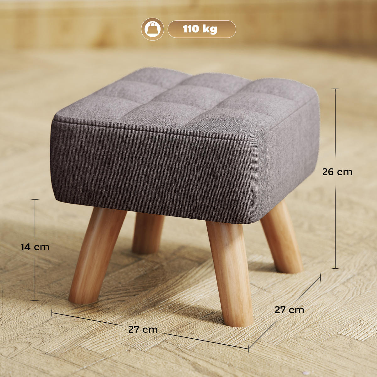 FUSSHOCKER Hocker Moderner Sitzhocker mit Leinenoptik, Holzbeine, Grau - Grau, Kunststoff (27/26/27cm) - HOMCOM