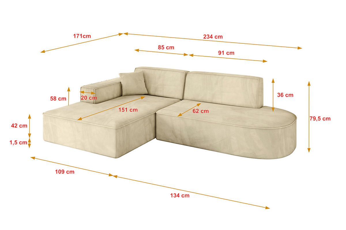 ECKSOFA Ottomane Links IREA-L1-v4 - 234x171x79 cm Beige - Taupe, Holzwerkstoff/Textil (234/171cm) - ALTDECOR