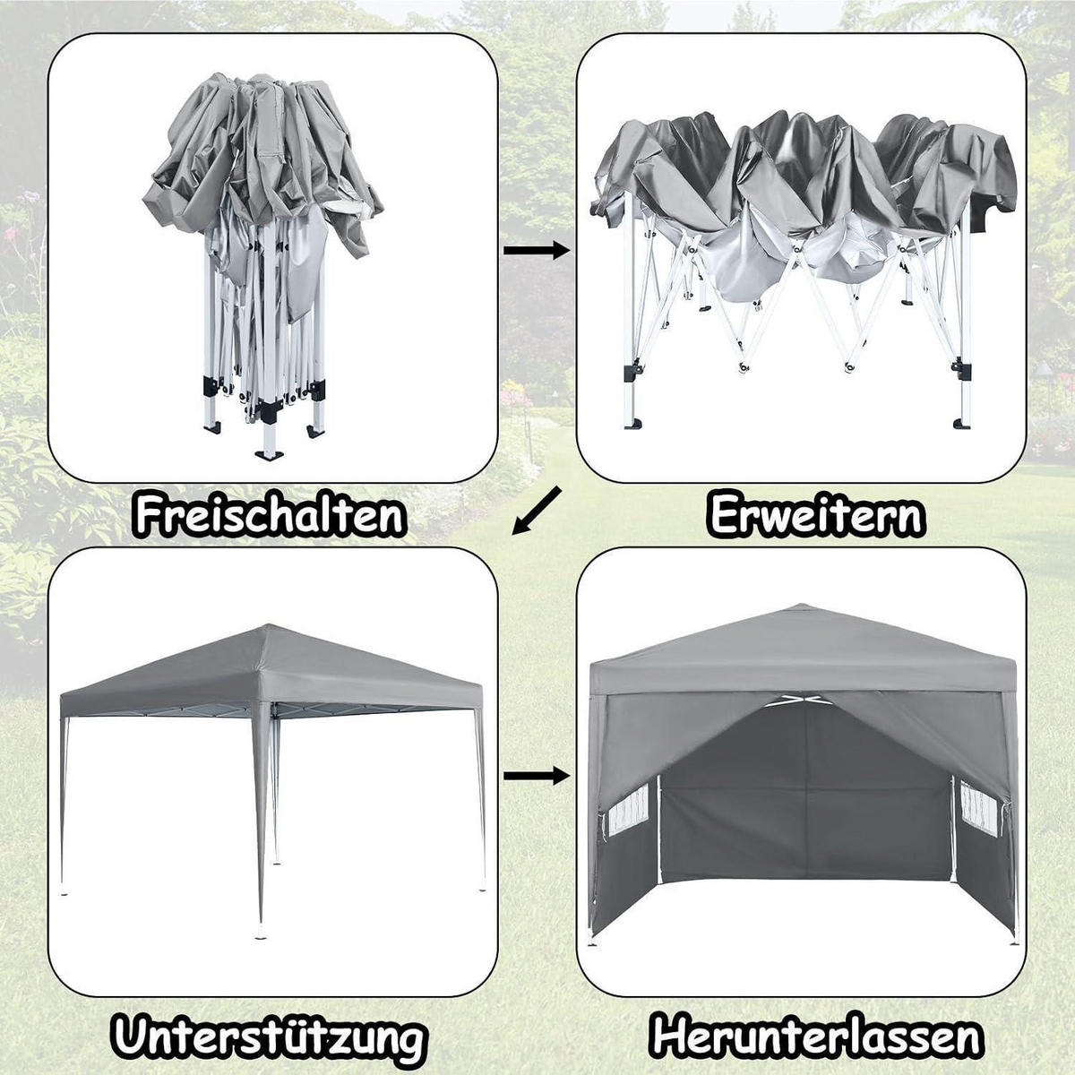 FALTPAVILLON 3x3m mit Seitenteilen und Fenstern Grau - Grau, Textil (300/260/300cm)