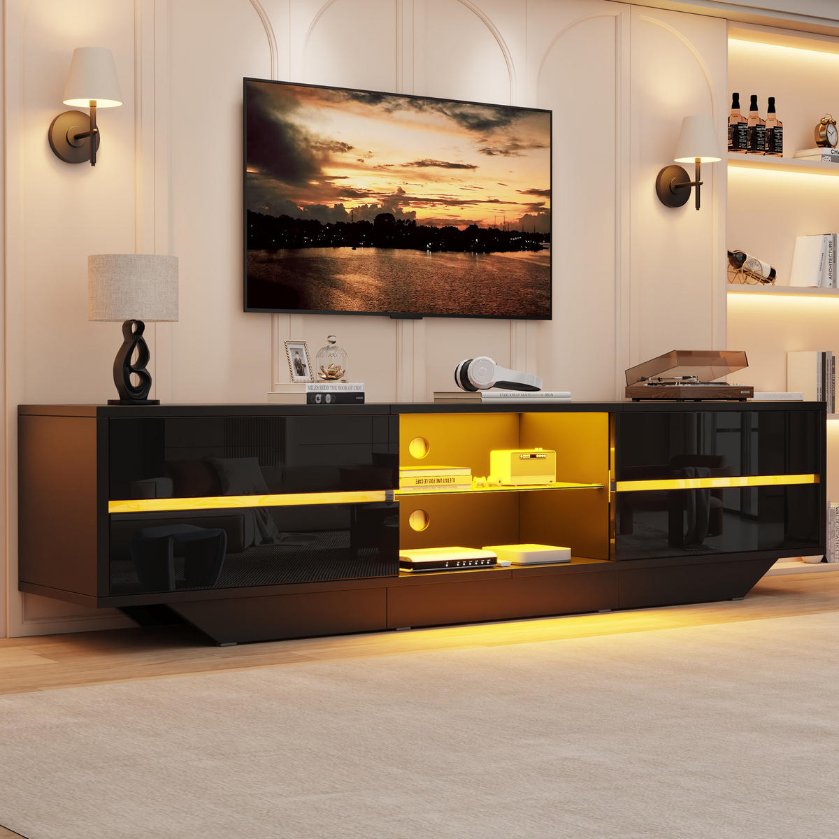 TV-LOWBOARD 160x35x44.5cm Schwarz mit LED und 2 Türen - Schwarz, Holzwerkstoff (160/44.5/35cm) - FLIEKS