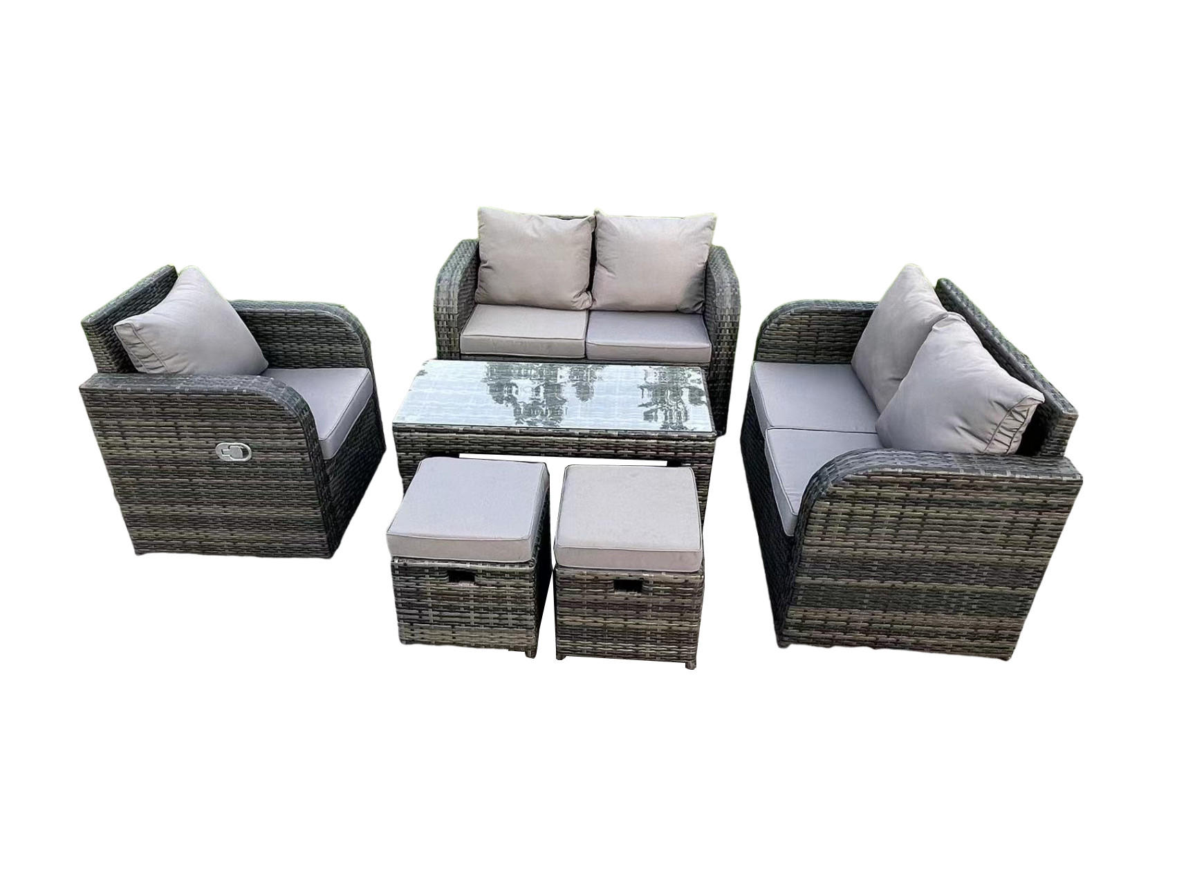 GARTENMÖBELSET mit 2 kleinen Hockern Polyrattan 7-Sitzer - Dunkelgrau/Grau, Glas/Kunststoff - Fimous