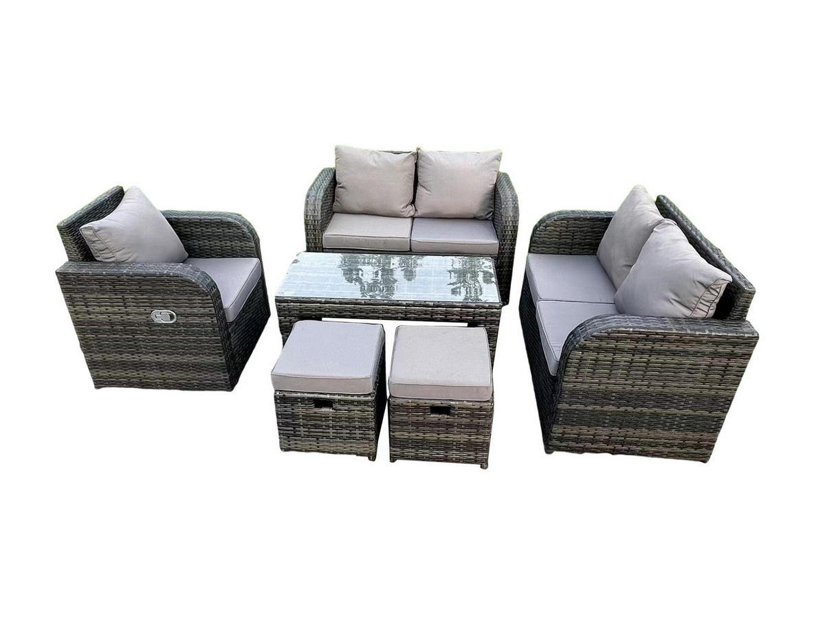 GARTENMÖBELSET mit 2 kleinen Hockern Polyrattan 7-Sitzer - Dunkelgrau/Grau, Glas/Kunststoff - Fimous