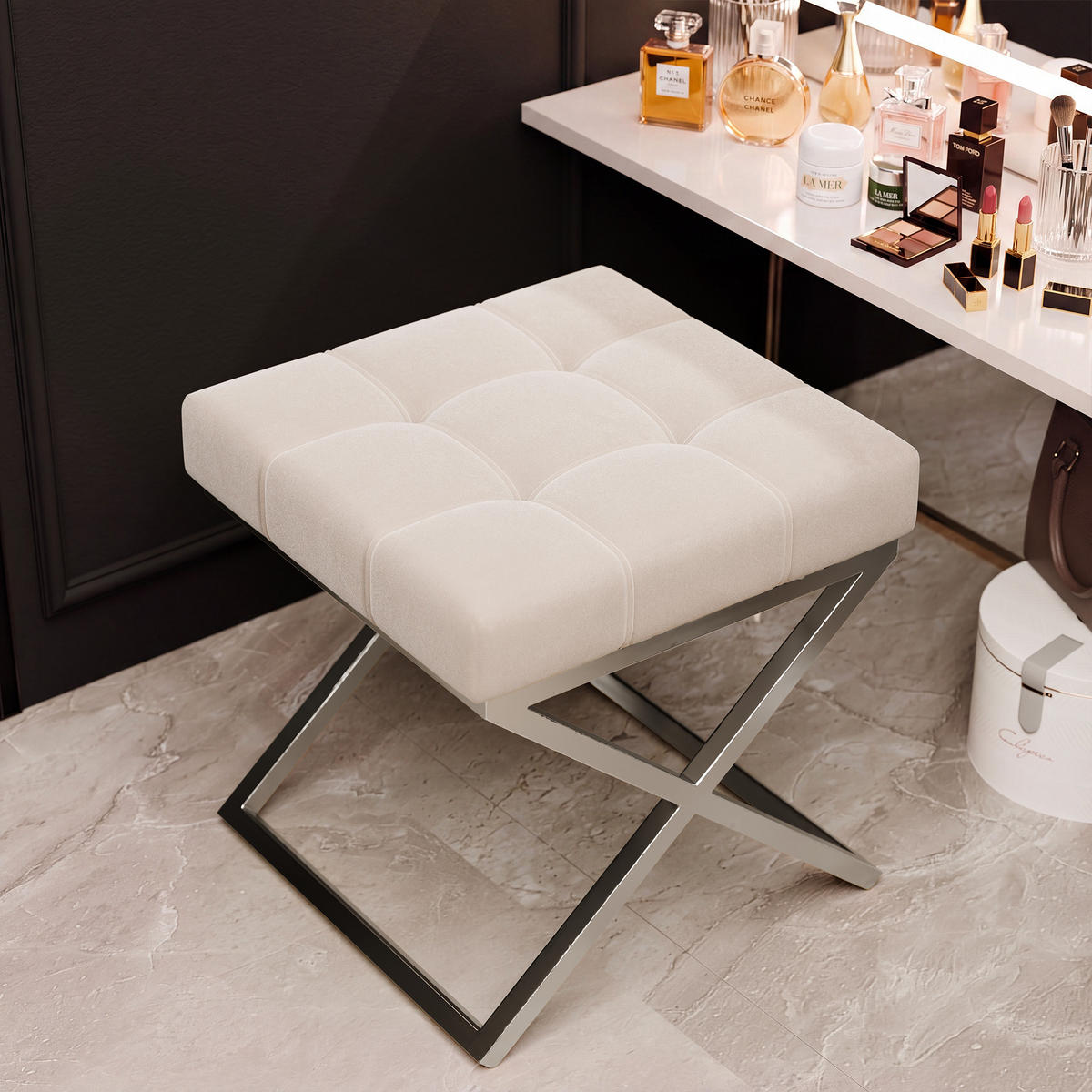 HOCKER LIND 45/45/45 cm, Chrom / Beige - Chromfarben/Beige, Textil/Metall (45/45/45cm) - Idohome
