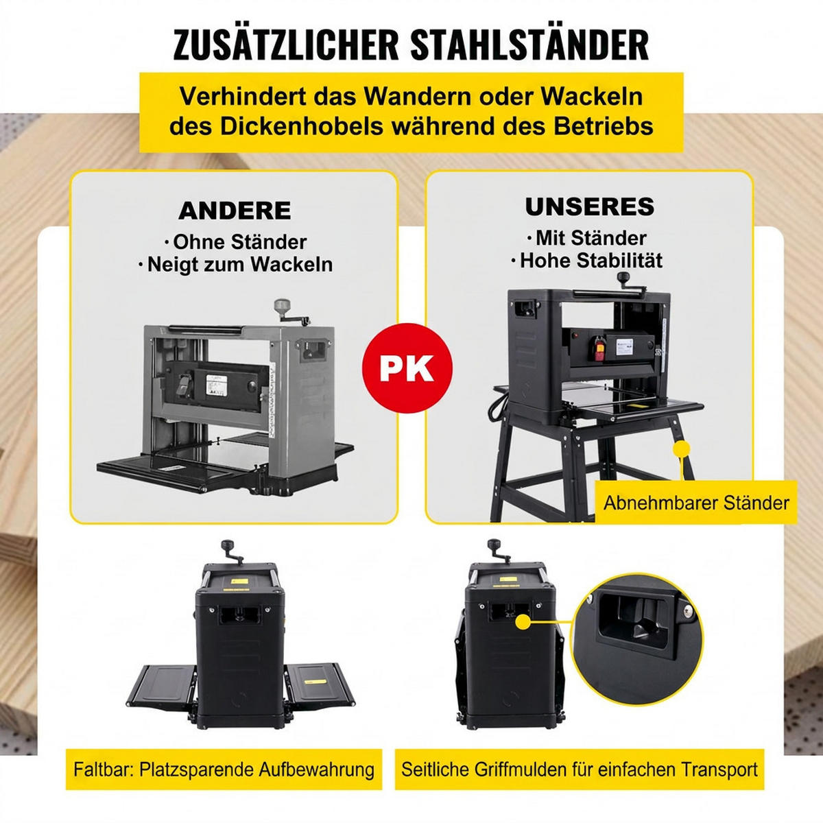 HOBEL Dickenhobel 330mm 2000W-Tischhobelmaschine mit klappbarem Eisen-Untergestell - Schwarz, Metall (20/30/10cm) - Raelunyi