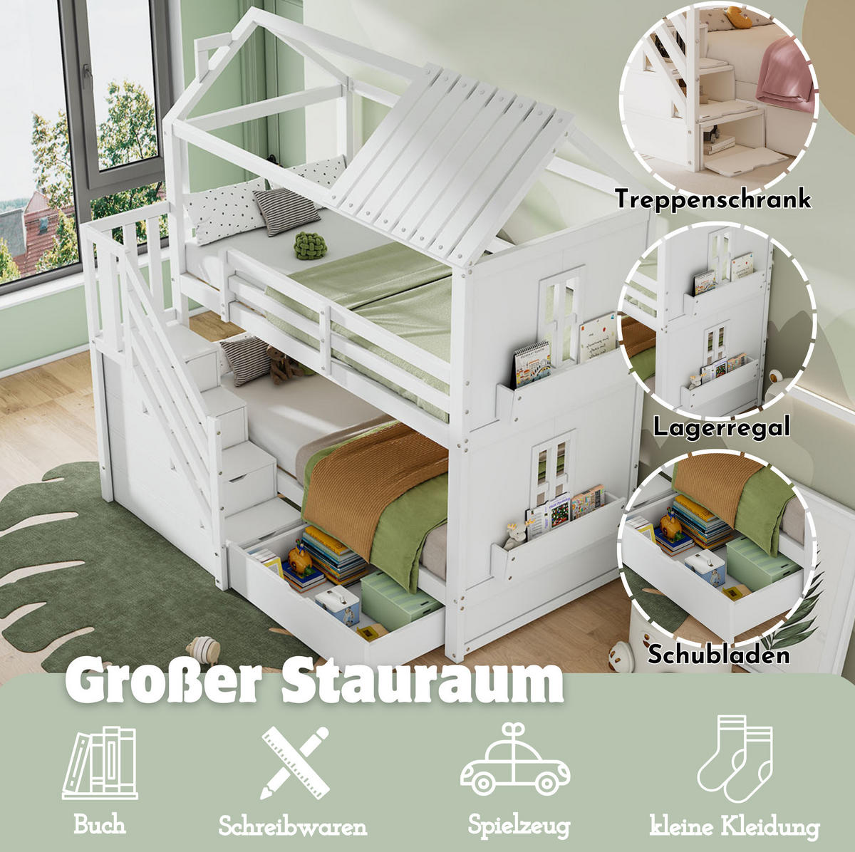 ETAGENBETT aus Kiefer und MDF 90x200 cm Weiß mit Stauraumtreppe, Schubladen und Regalen - Weiß, Holzwerkstoff (90/200cm) - Modfu