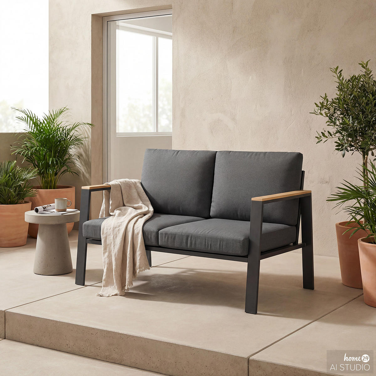 2-SITZER LOUNGESOFA - Aluminium / Polyester - Anthrazit - Anthrazit/Braun, Holz/Textil (132/74/75cm) - home24