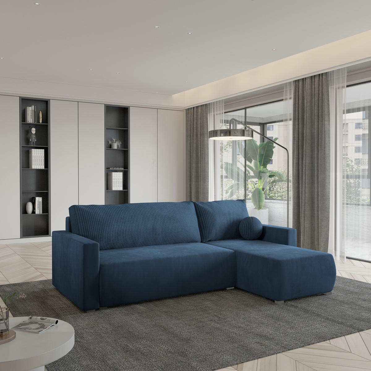 ECKSOFA SORGE Blau Plüsch-Stoff mit Schlaffunktion - Blau, Holz (220/143cm) - MASSENO