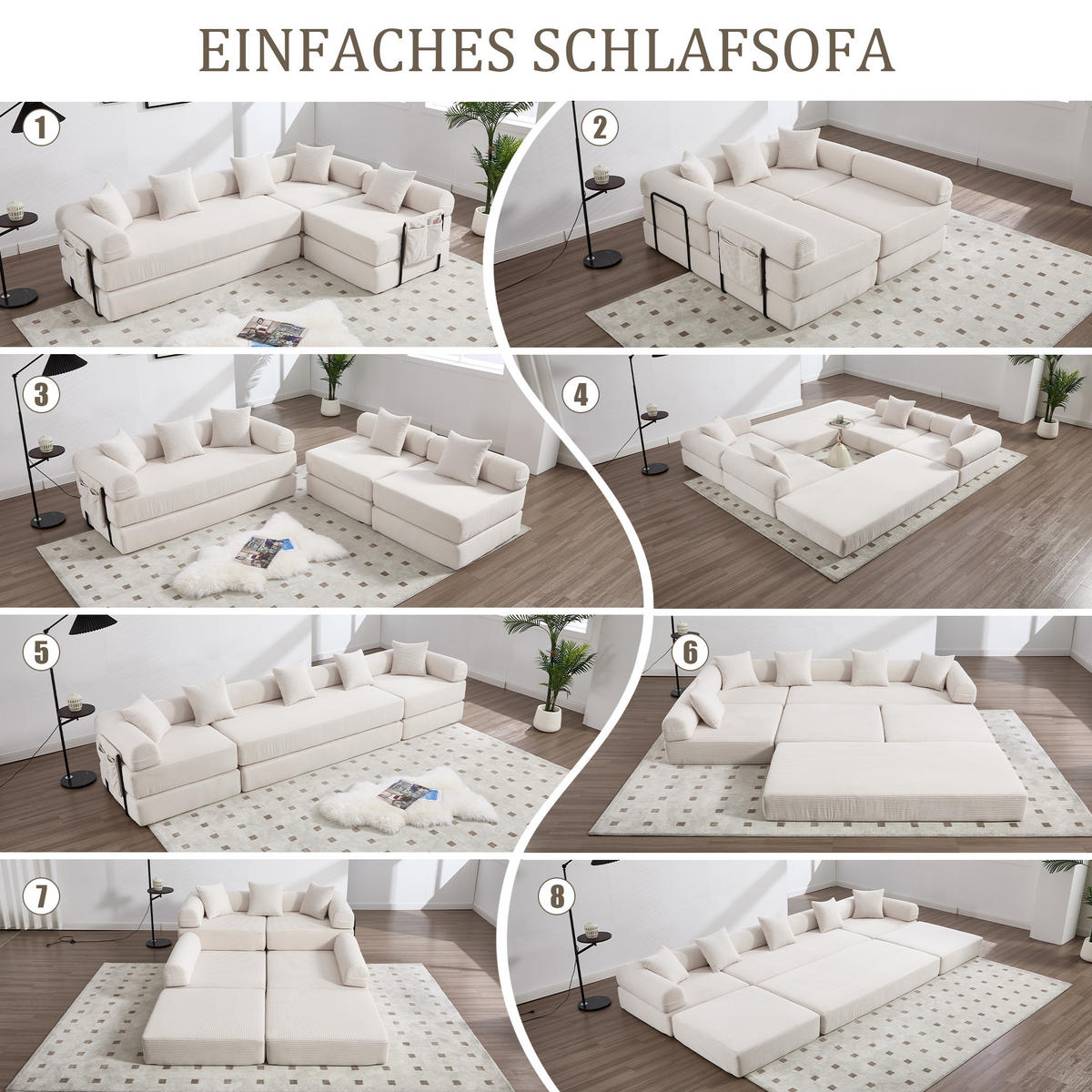 MODULARES Schlafsofa 270/180/64 cm aus Cord mit Seitentasche Beige - Beige, Textil (180/64/270cm) - Modenvie