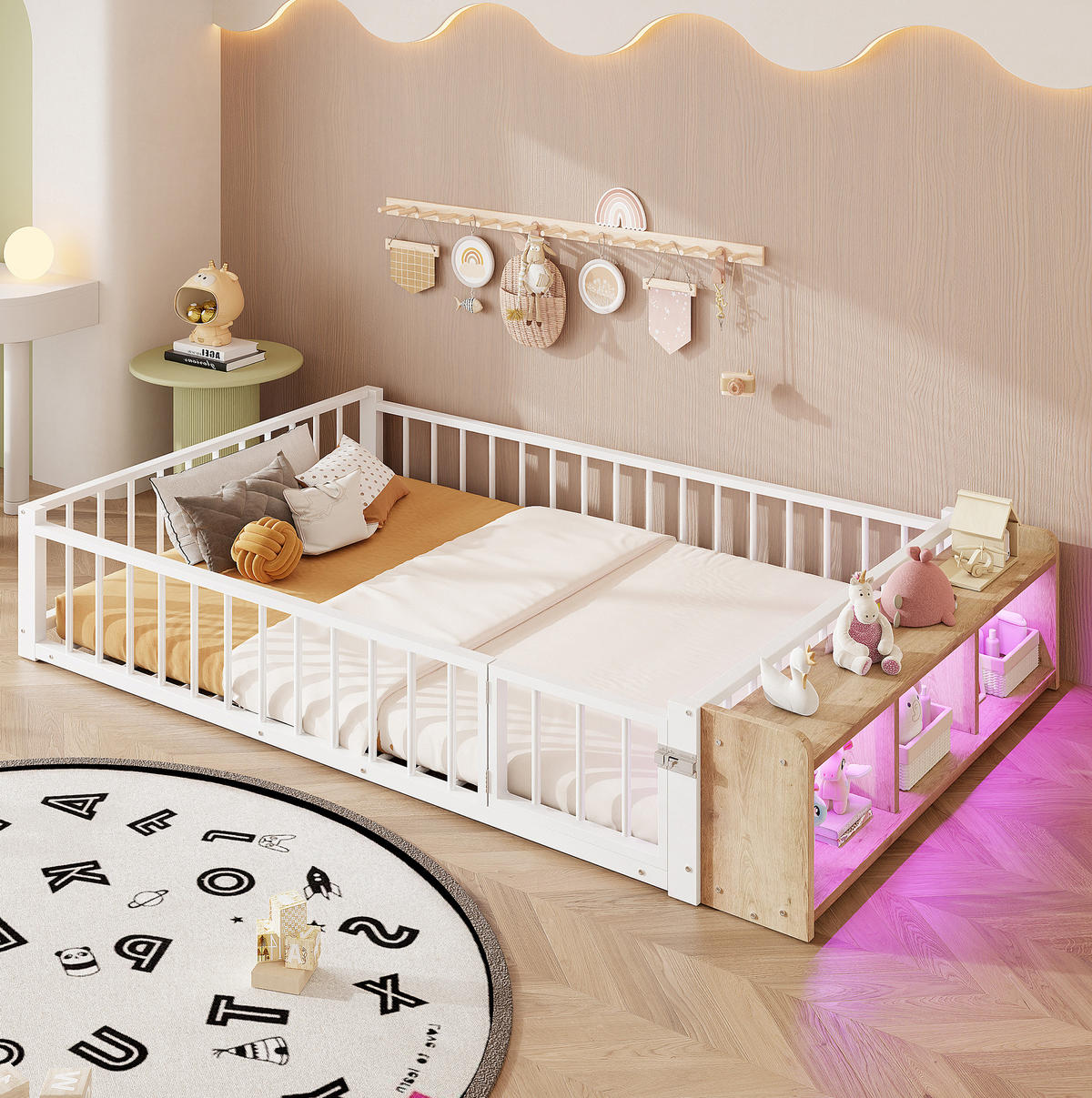 KINDERBETT 140/200 cm aus Metall/MDF mit Schutzgeländer und LED-Beleuchtung Weiß - Weiß, Holzwerkstoff (140/200cm) - Modenvie