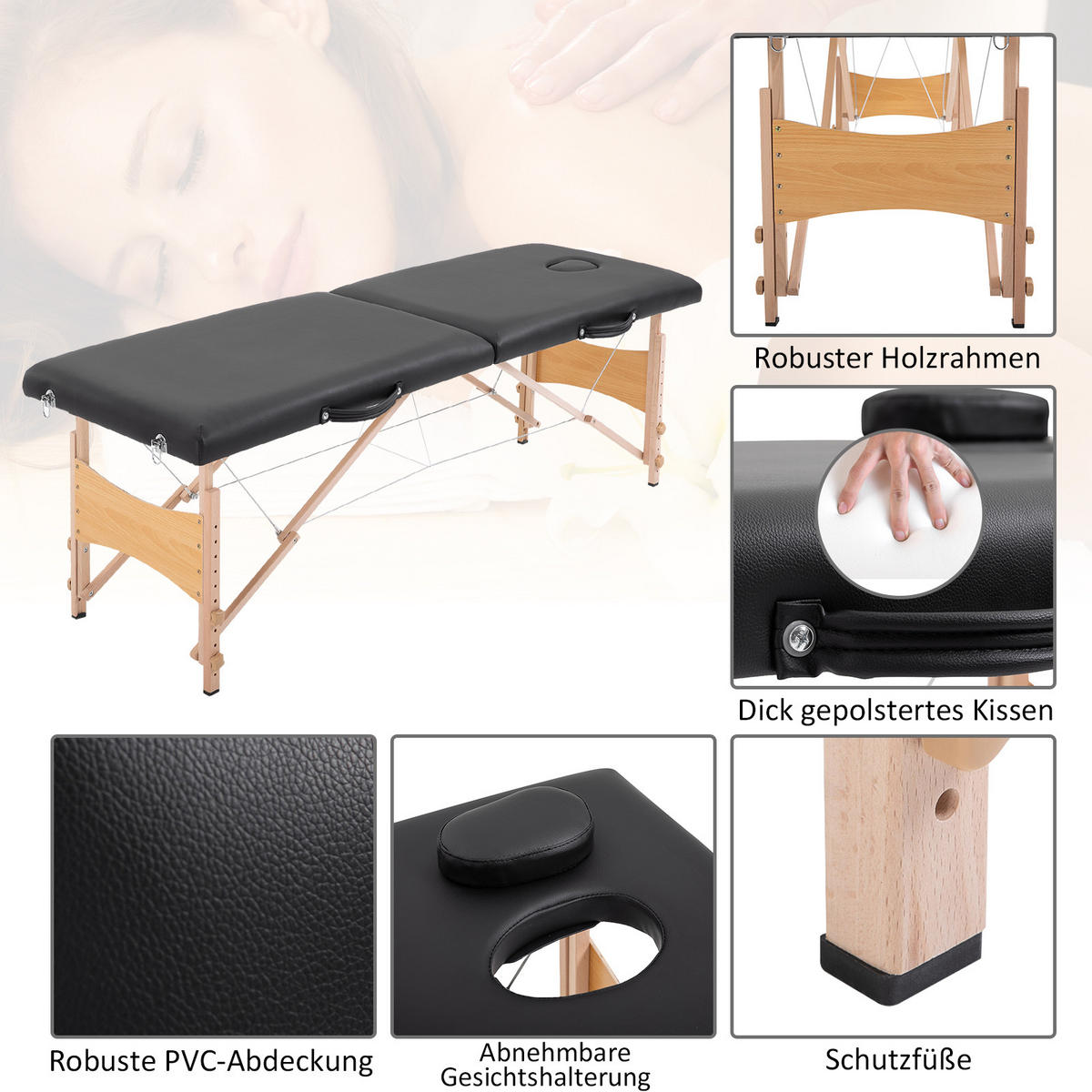 MASSAGELIEGE Mobiler Massagetisch Höhenverstellbar Kosmetik Bank Holz Schwarz - Schwarz, Kunststoff (60/58/186cm) - HOMCOM