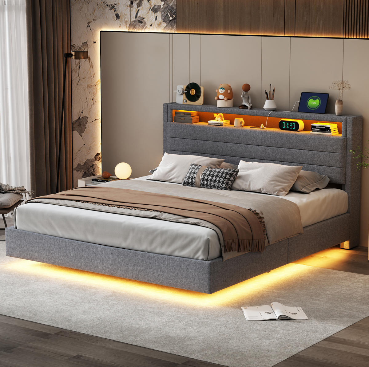 ČALÚNENÁ posteľ 160/200 cm, čalúnená, sivá, s USB a LED osvetlením a úložným priestorom - sivá, textil (160/200cm) - BEAOK