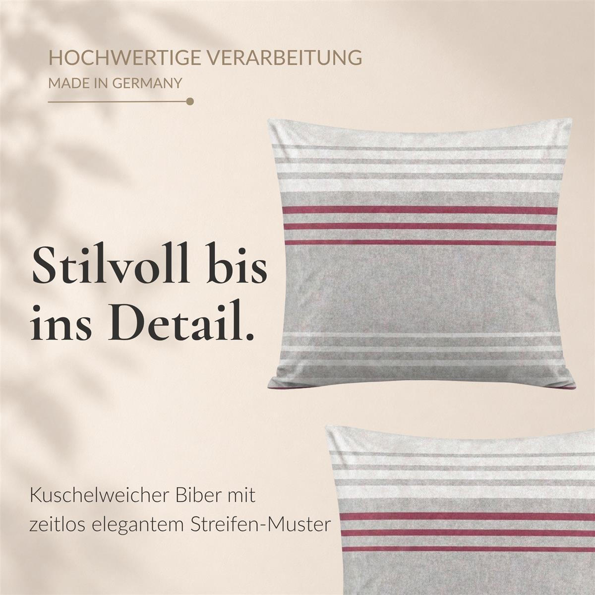 BIBER-BETTWÄSCHE 155x220 - Made in Germany! Flauschig warmer Flanell Bettbezug mit Streifen Muster aus 100% Baumwolle für Herbst & Winter - Rot Grau - Rot, Textil (155/220cm) - Carpe Sonno