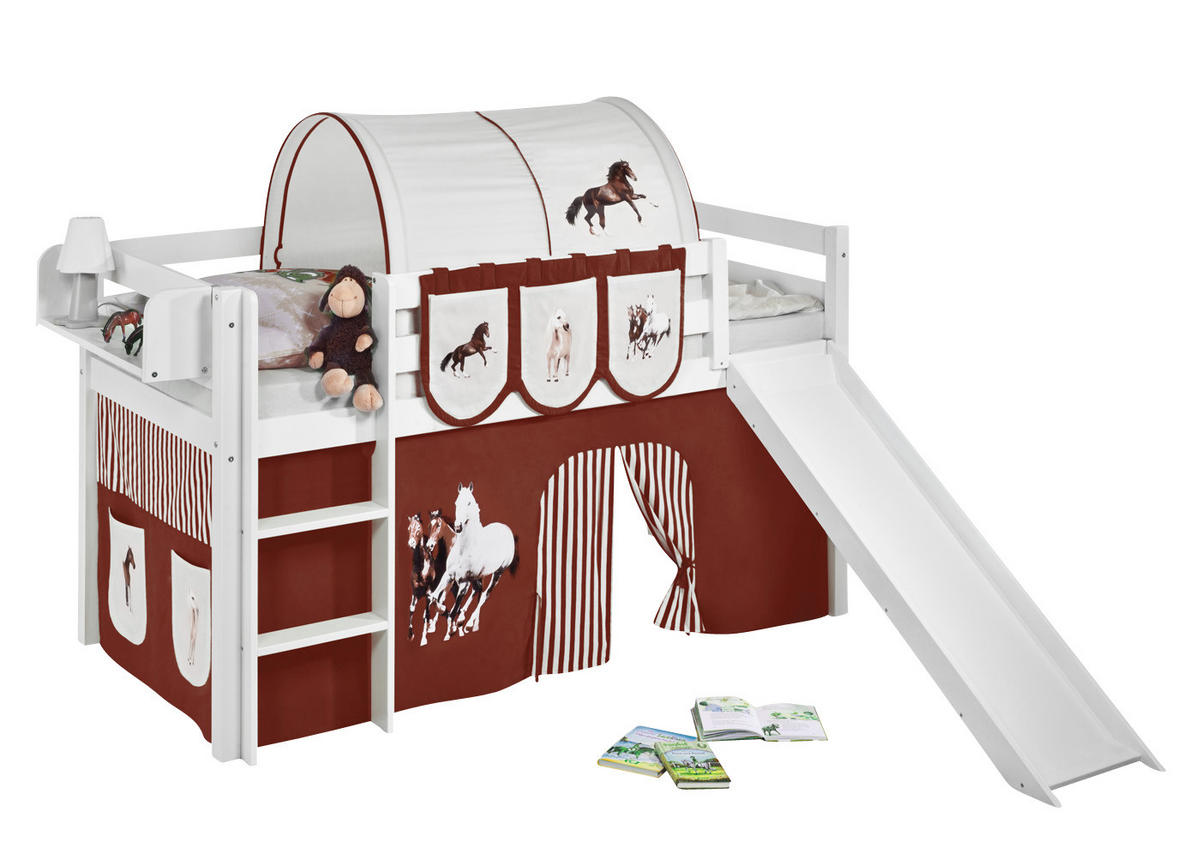 SPIELBETT JELLE Pferde Braun Beige - Hochbett - mit Rutsche und Vorhang - Weiß, Holz - Lilokids