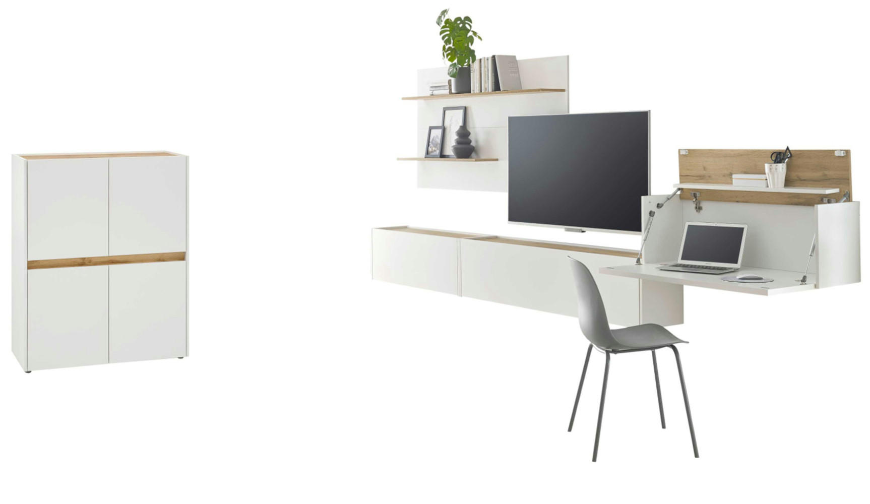 Furn.Design Wohnwand Weiß, Eiche Wotan 470x180x40 cm