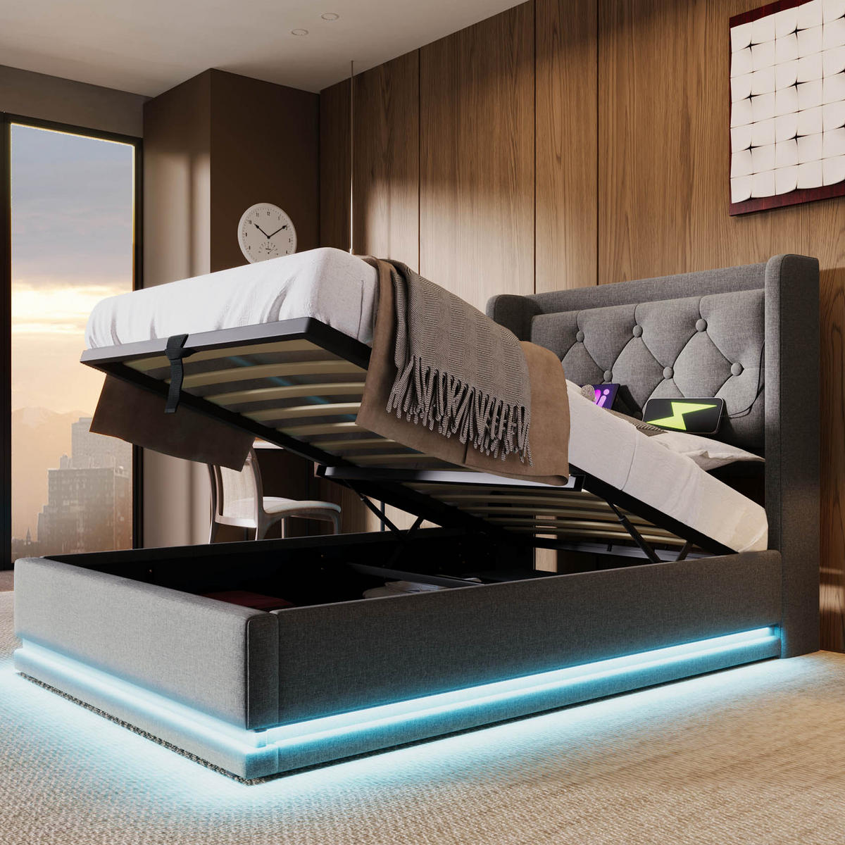 POLSTERBETT aus Baumwolle 90x200 cm in Grau mit LED & USB Typ-C - Grau, Textil (90/200cm) - Modfu